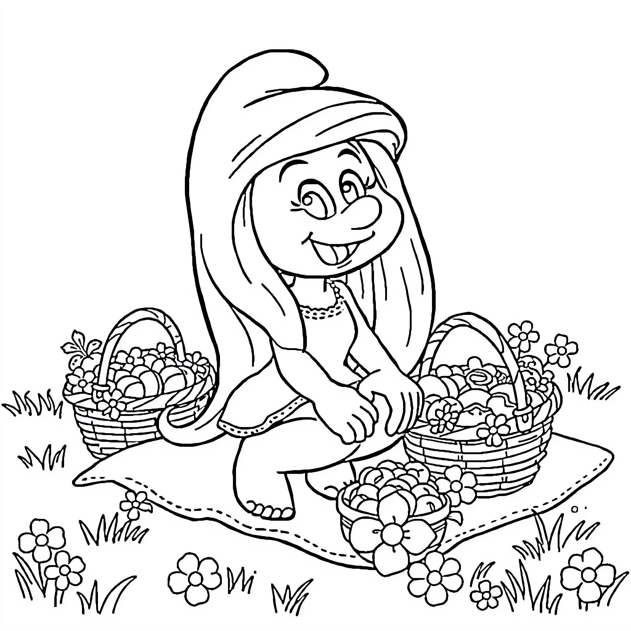 Smurfette harvesting baskets of fruits and flowers Coloring Page (free black-and-white line drawing printable PDF for all, from beginners to advanced learners, including children, teens, adults, and seniors)