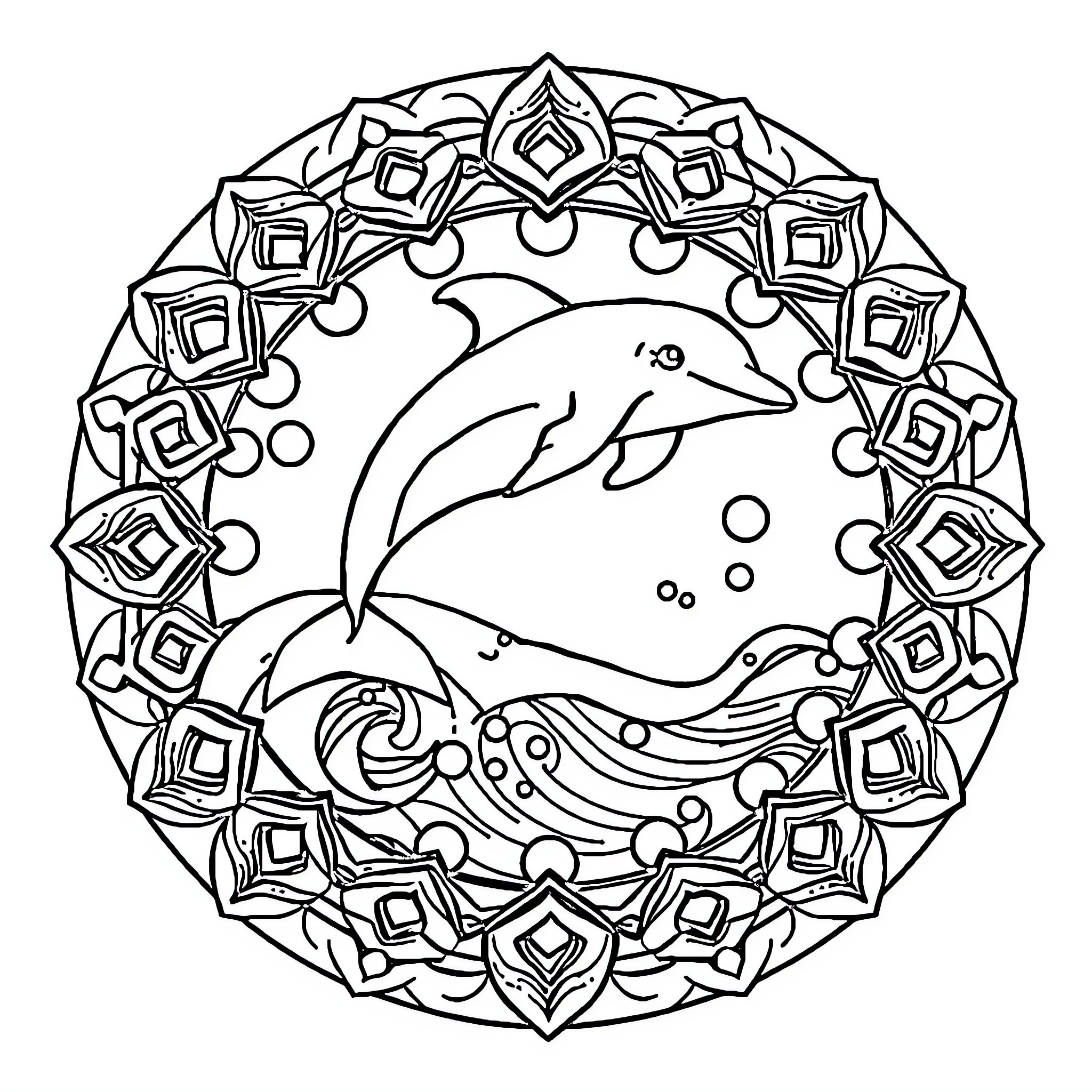Dolphin swimming in ornate circular design Coloring Page (free black-and-white line drawing printable PDF for all, from beginners to advanced learners, including children, teens, adults, and seniors)