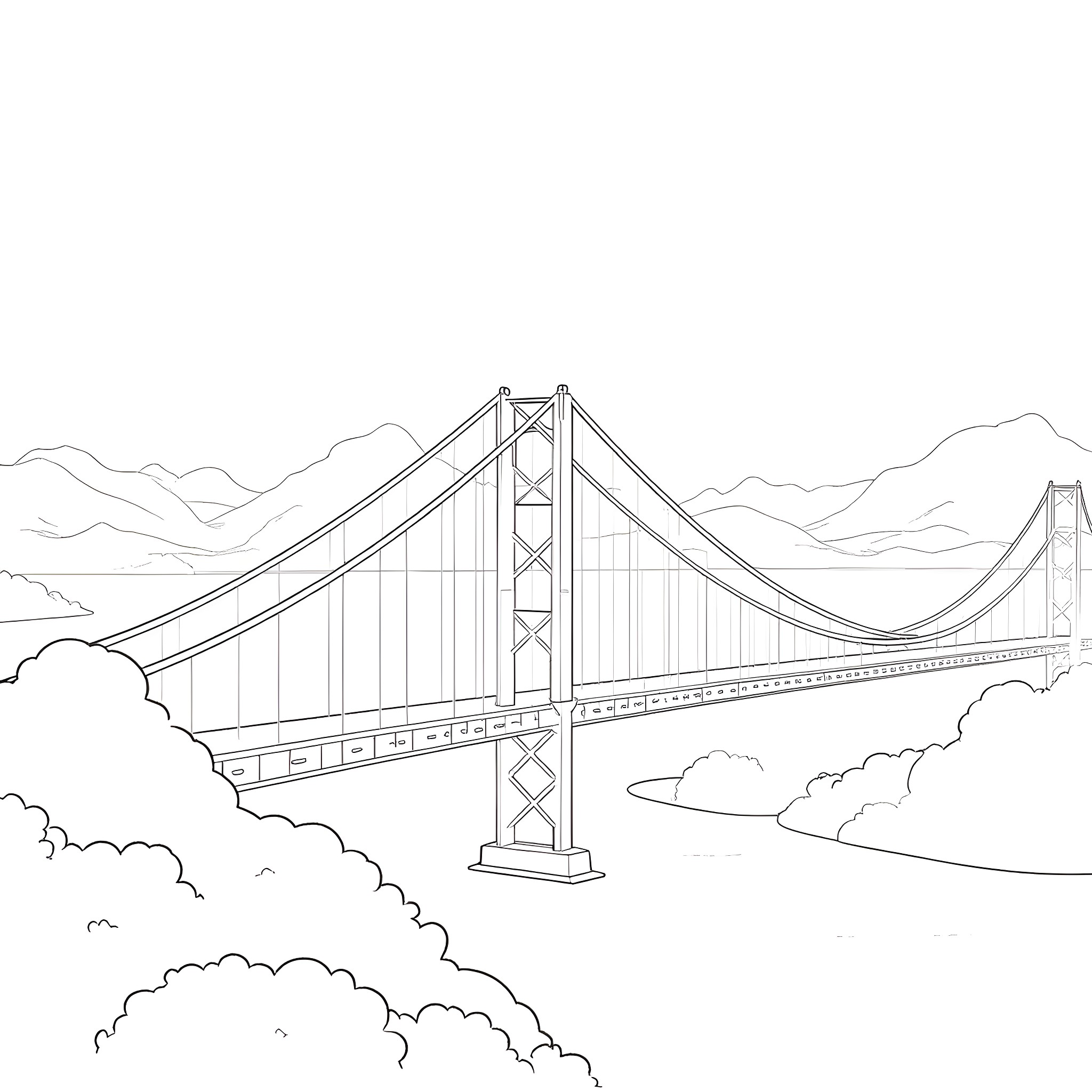 Farmer walking across suspension bridge Coloring Page (free black-and-white line drawing printable PDF for all, from beginners to advanced learners, including children, teens, adults, and seniors)