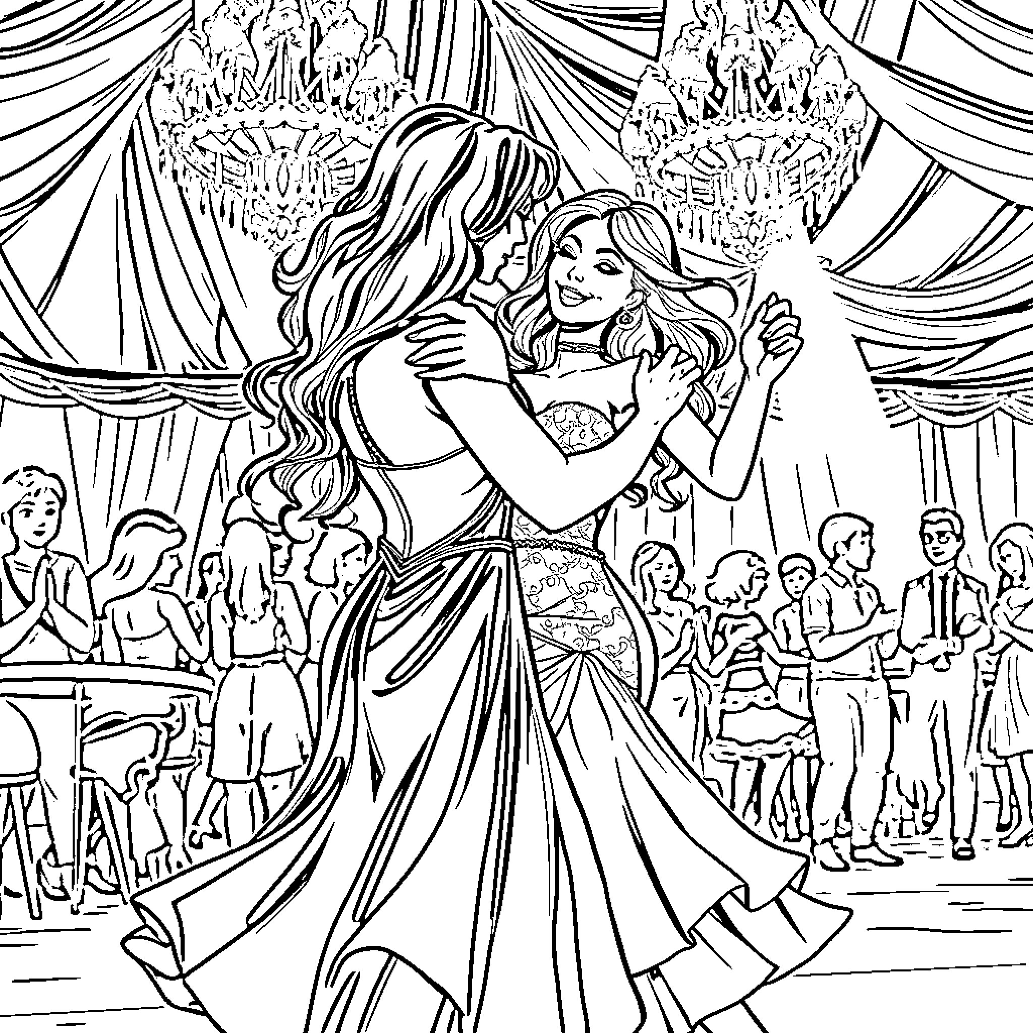 Daniela's Elegant Dance at the Ballroom Celebration Coloring Page (free black-and-white line drawing printable PDF for all, from beginners to advanced learners, including children, teens, adults, and seniors)