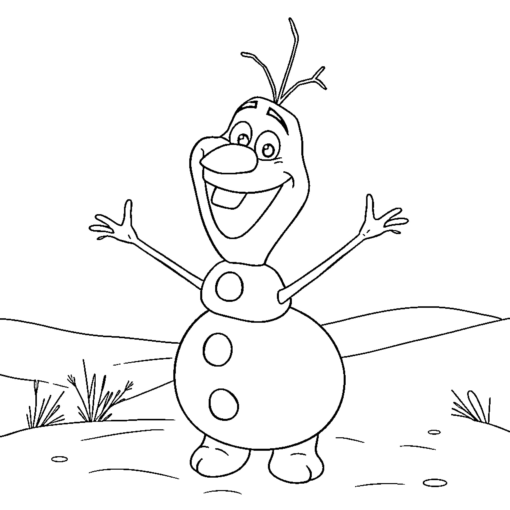 Olaf the Snowman Joyfully Embracing Winter Coloring Page (free black-and-white line drawing printable PDF for all, from beginners to advanced learners, including children, teens, adults, and seniors)