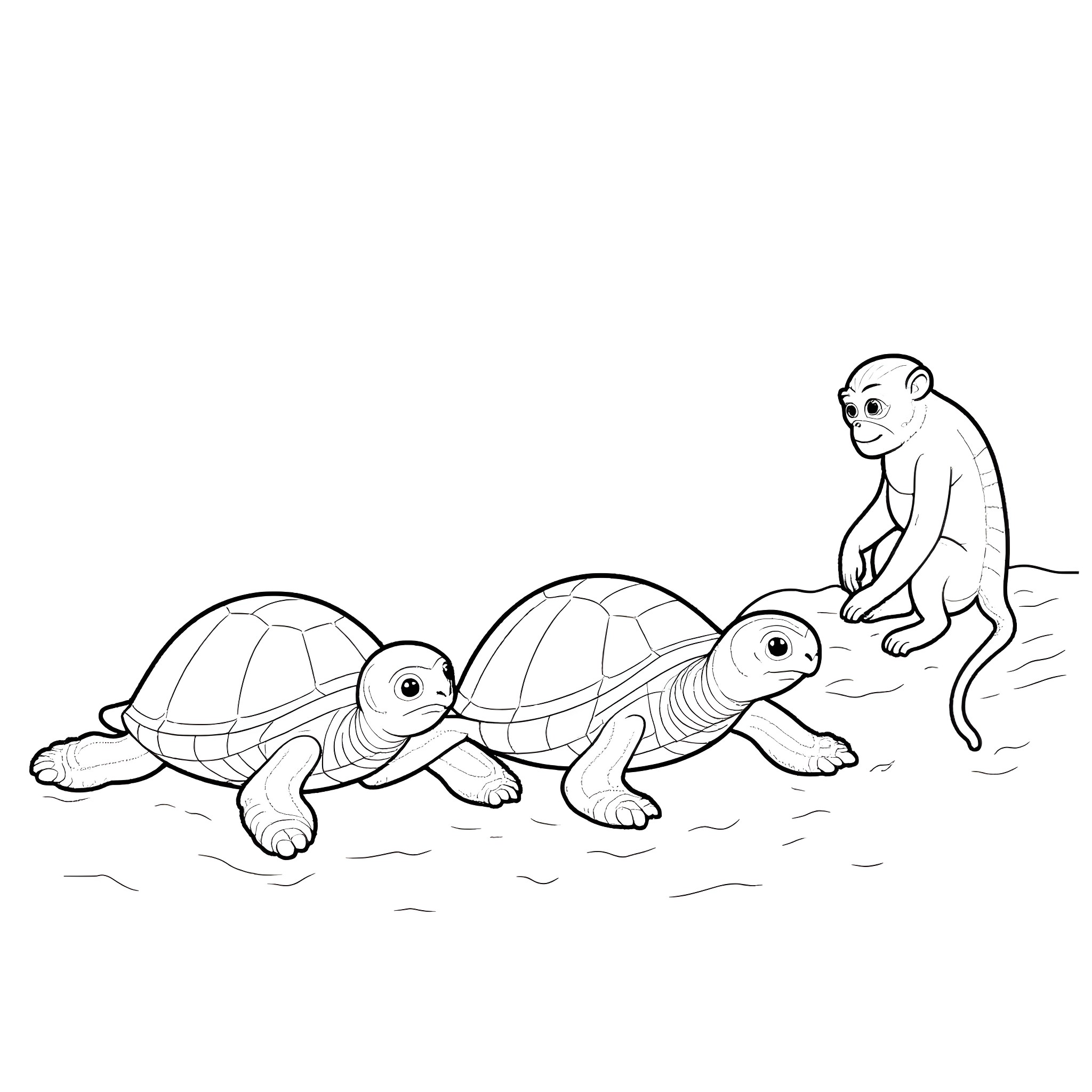 Turtle family exploring the outdoors Coloring Page (free black-and-white line drawing printable PDF for all, from beginners to advanced learners, including children, teens, adults, and seniors)