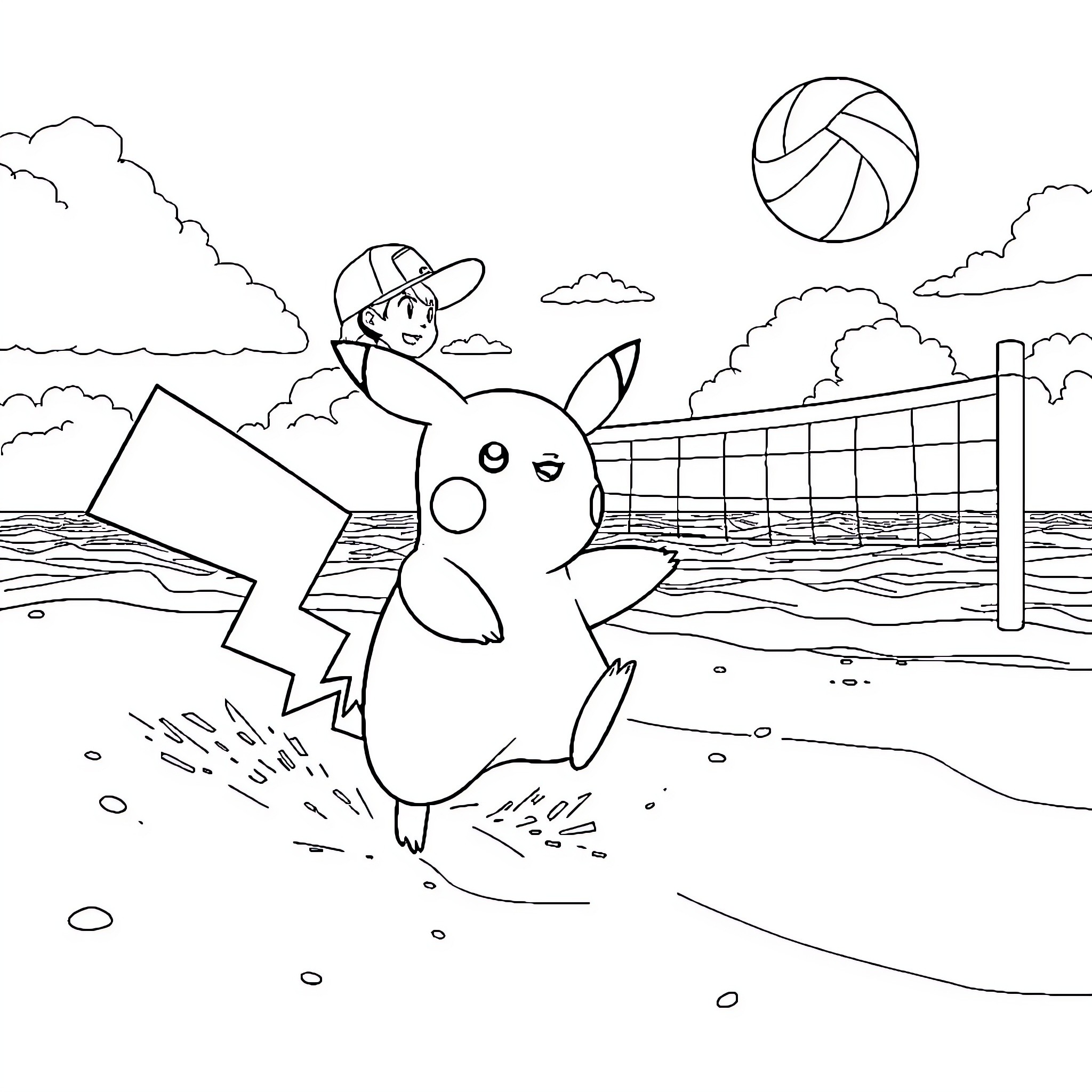 Pikachu playing volleyball on the beach Coloring Page (free black-and-white line drawing printable PDF for all, from beginners to advanced learners, including children, teens, adults, and seniors)