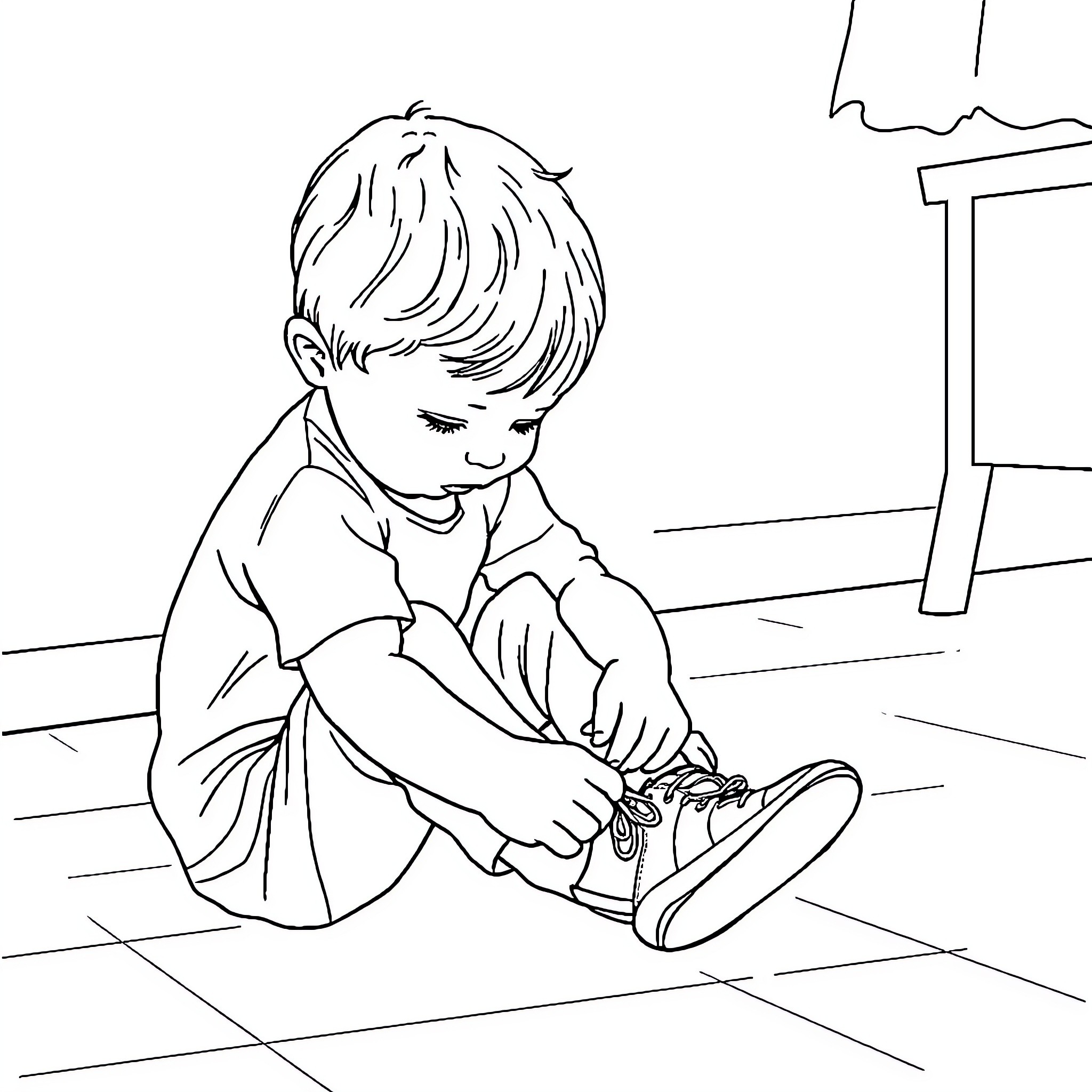 Child tying shoelaces intently Coloring Page (free black-and-white line drawing printable PDF for all, from beginners to advanced learners, including children, teens, adults, and seniors)