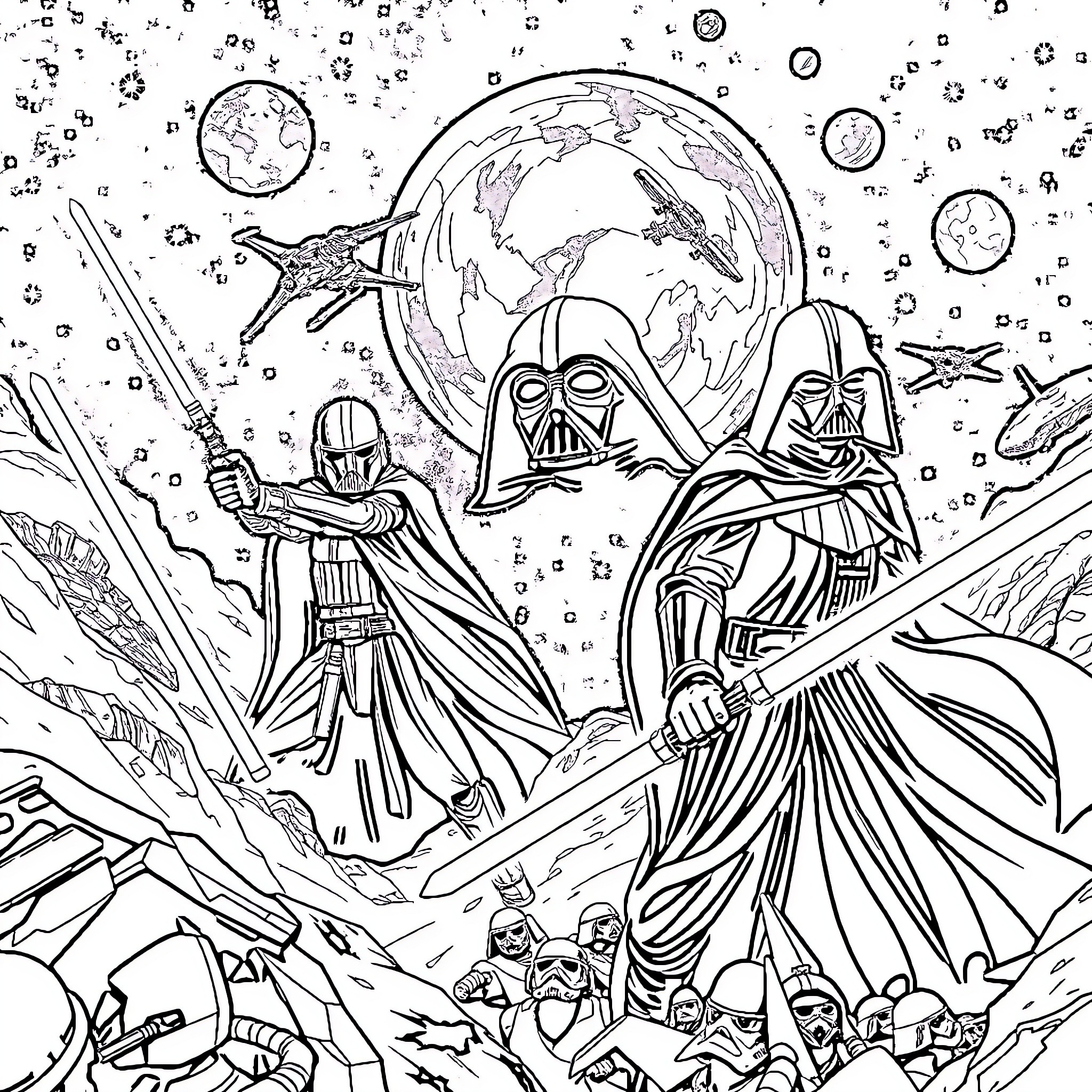 Star Wars: Epic Battle in Cosmic Landscape Coloring Page (free black-and-white line drawing printable PDF for all, from beginners to advanced learners, including children, teens, adults, and seniors)