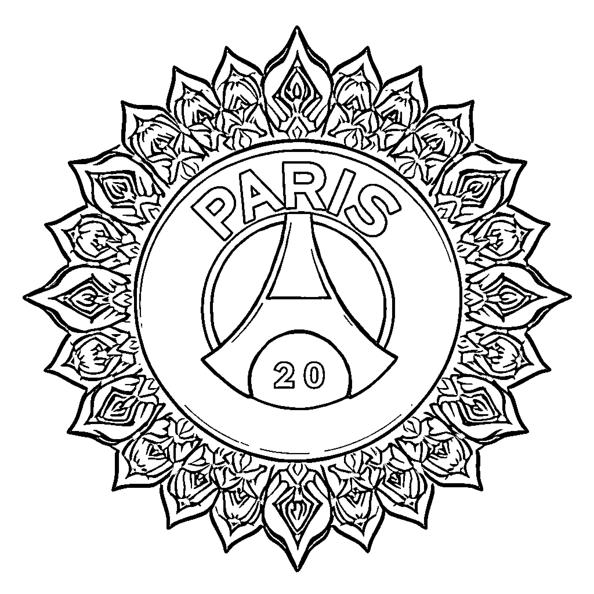 Paris Saint Germain Mandala-style Emblem Coloring Page (free black-and-white line drawing printable PDF for all, from beginners to advanced learners, including children, teens, adults, and seniors)