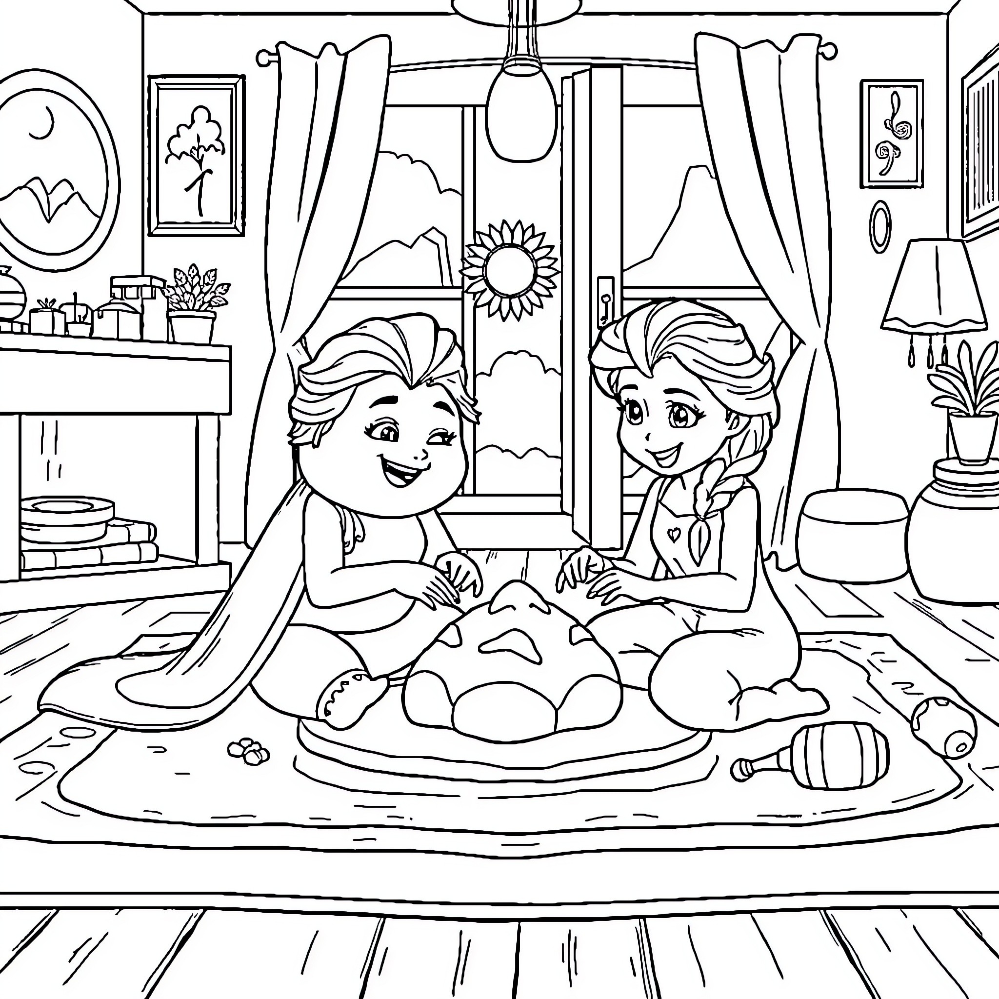 Elsa and Anna enjoying a cozy afternoon at home Coloring Page (free black-and-white line drawing printable PDF for all, from beginners to advanced learners, including children, teens, adults, and seniors)