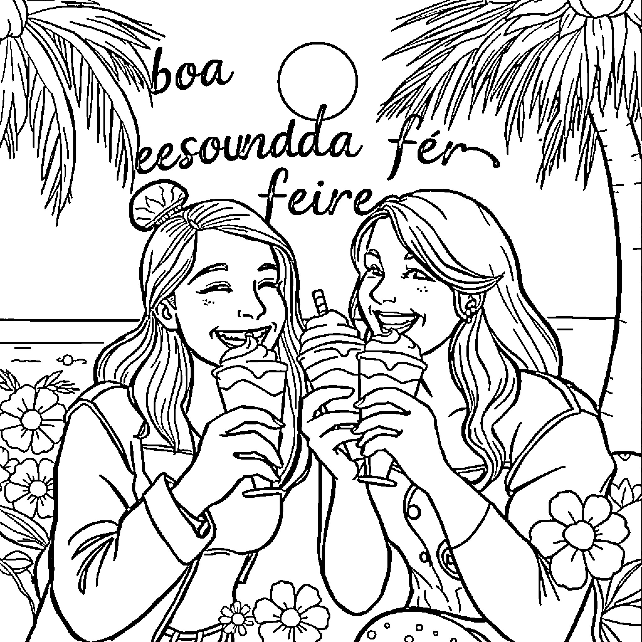 Ice Cream for friends enjoying tropical vacation Coloring Page (free black-and-white line drawing printable PDF for all, from beginners to advanced learners, including children, teens, adults, and seniors)
