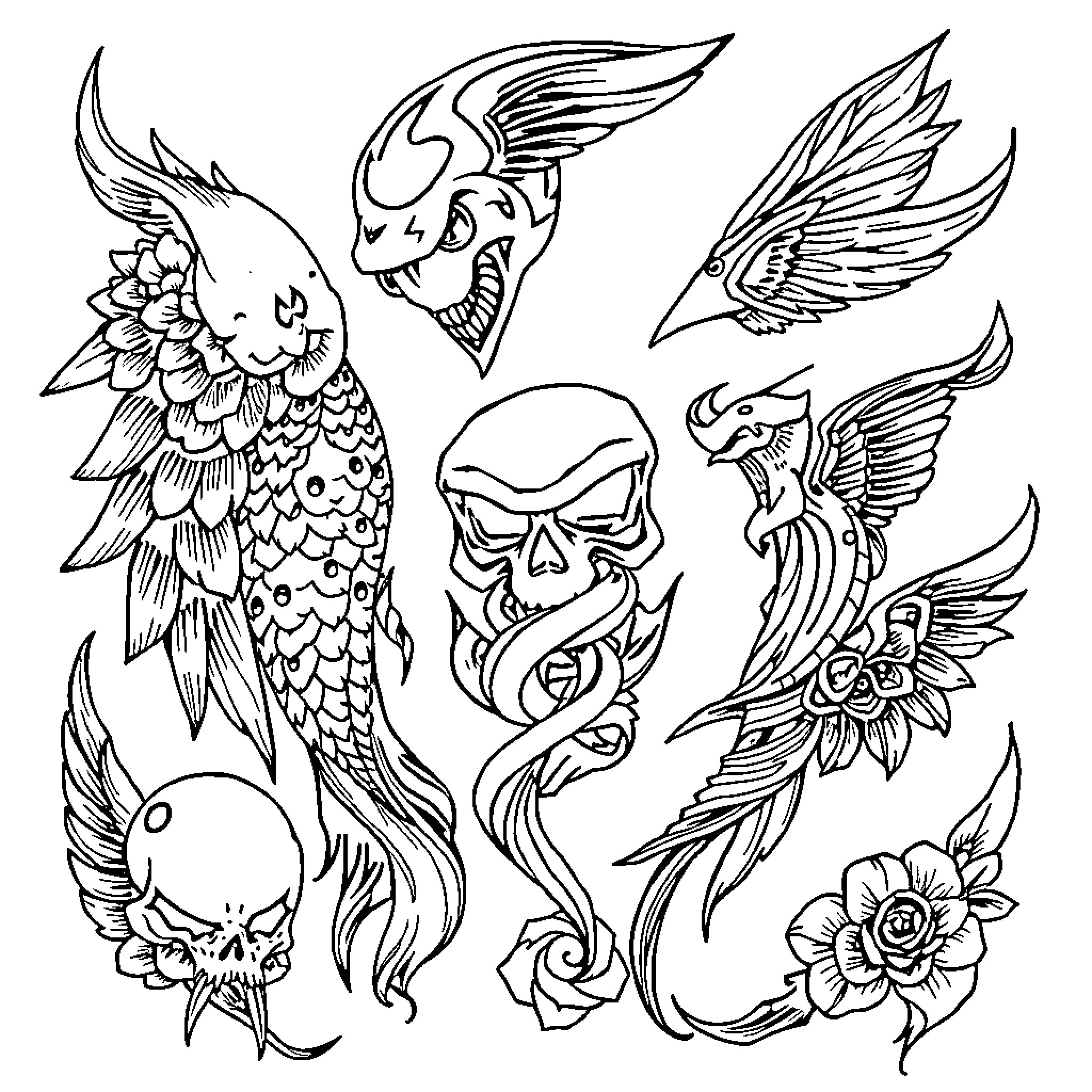 Tattoo designs featuring fantastical creatures and floral elements Coloring Page (free black-and-white line drawing printable PDF for all, from beginners to advanced learners, including children, teens, adults, and seniors)
