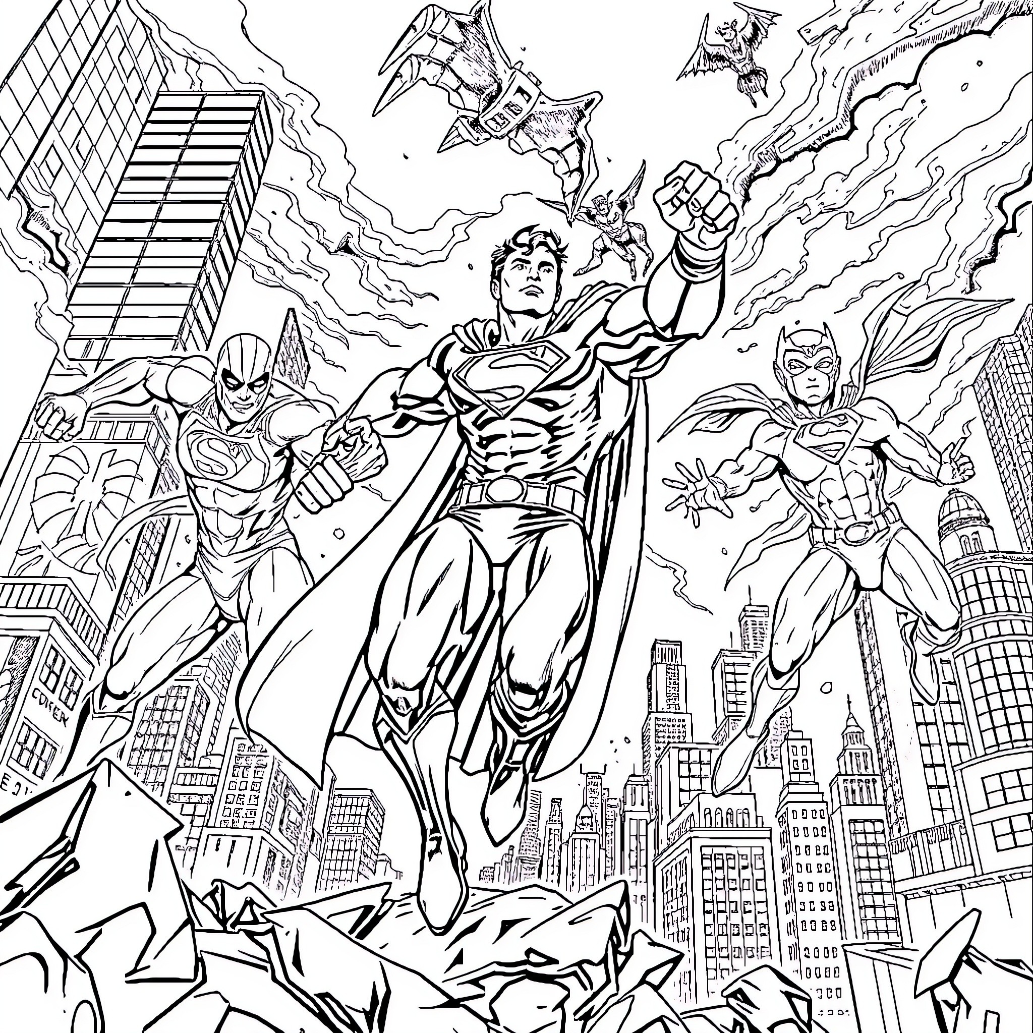 Superman and superhero team battling villains in the city Coloring Page (free black-and-white line drawing printable PDF for all, from beginners to advanced learners, including children, teens, adults, and seniors)