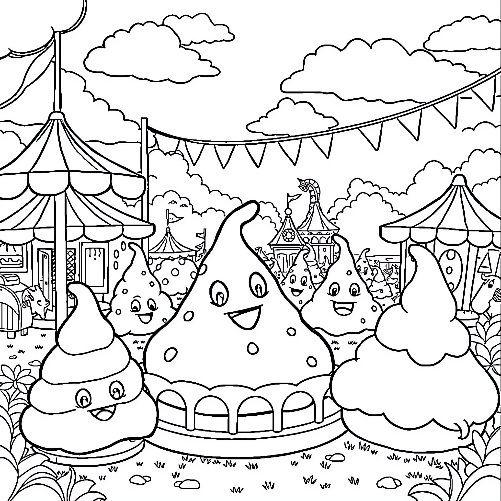 Poop Creatures Celebrate at the Carnival Coloring Page (free black-and-white line drawing printable PDF for all, from beginners to advanced learners, including children, teens, adults, and seniors)