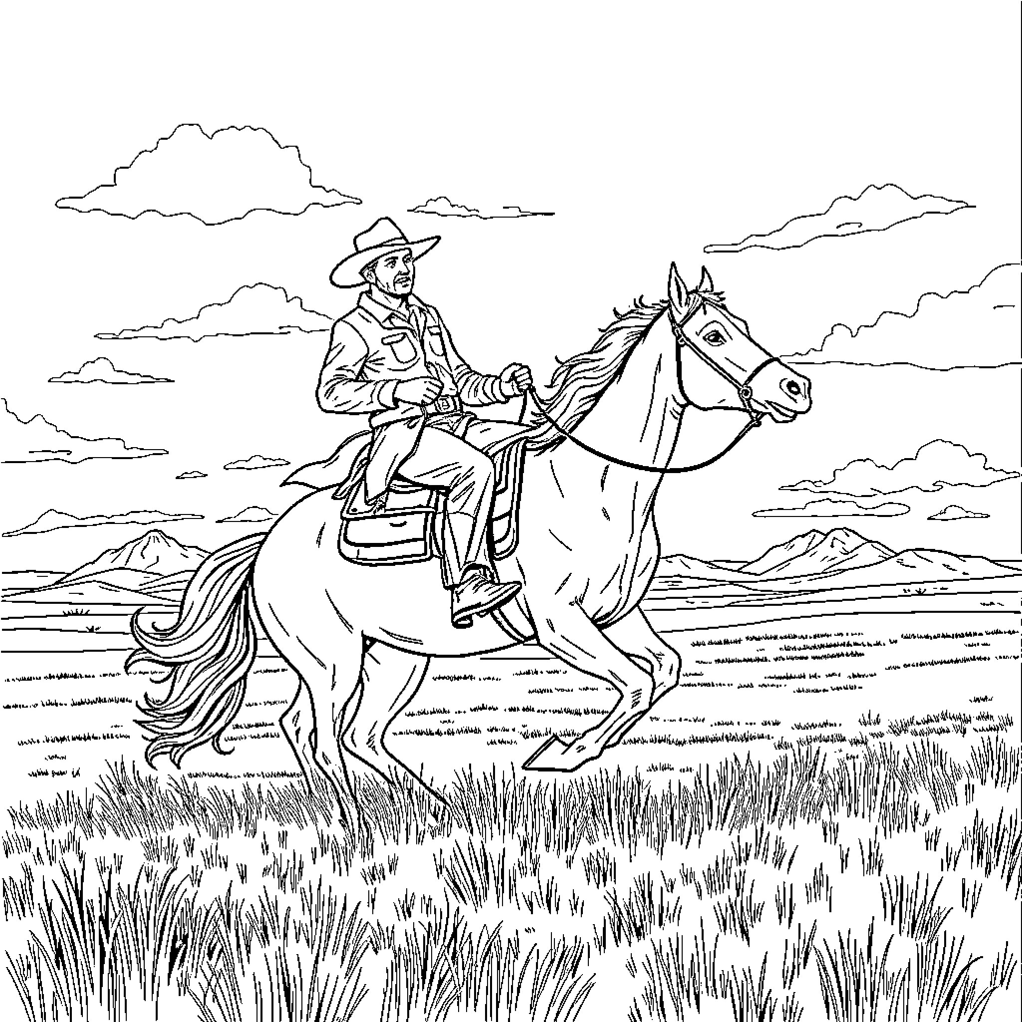 Cowboy riding on horseback across open prairie Coloring Page (free black-and-white line drawing printable PDF for all, from beginners to advanced learners, including children, teens, adults, and seniors)