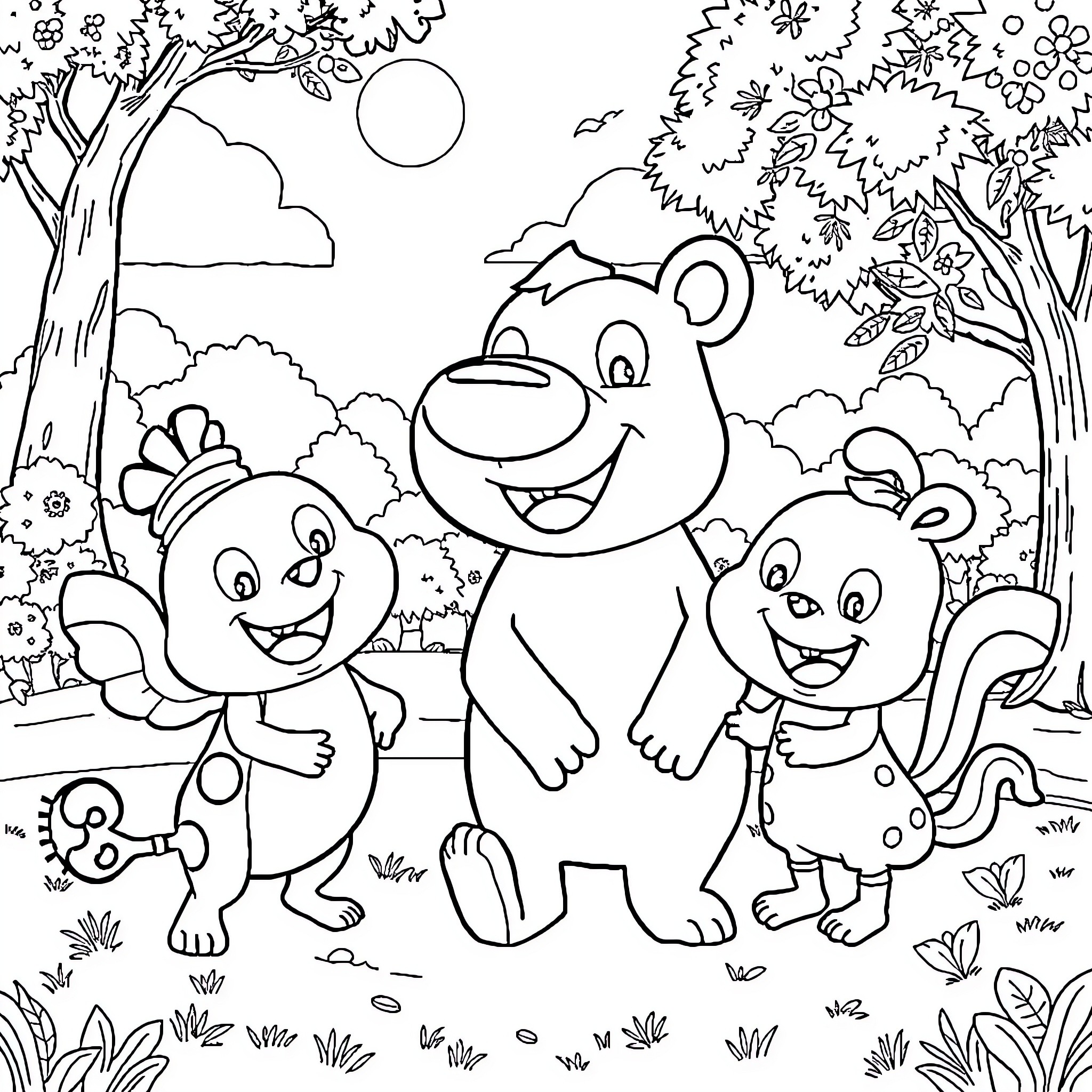 Pango and friends explore the lively forest Coloring Page (free black-and-white line drawing printable PDF for all, from beginners to advanced learners, including children, teens, adults, and seniors)