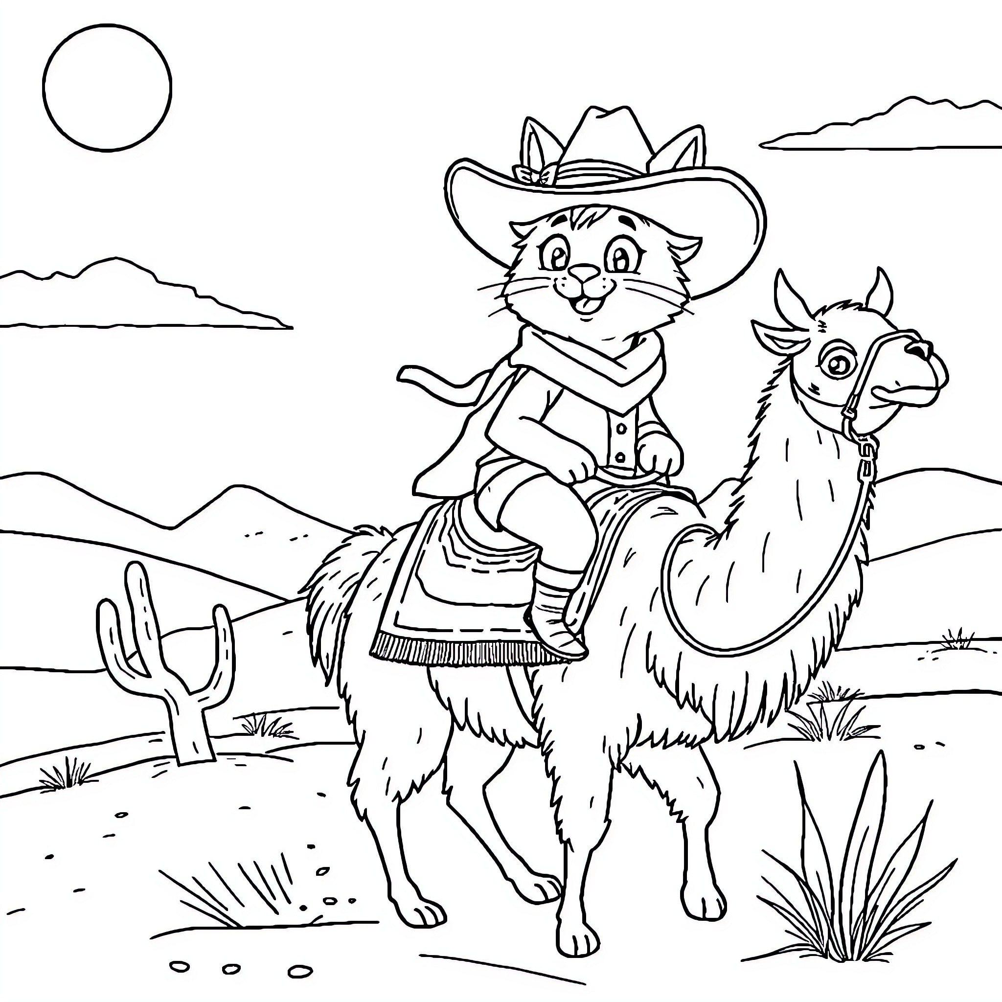Cat cowboy riding on a llama through the desert Coloring Page (free black-and-white line drawing printable PDF for all, from beginners to advanced learners, including children, teens, adults, and seniors)