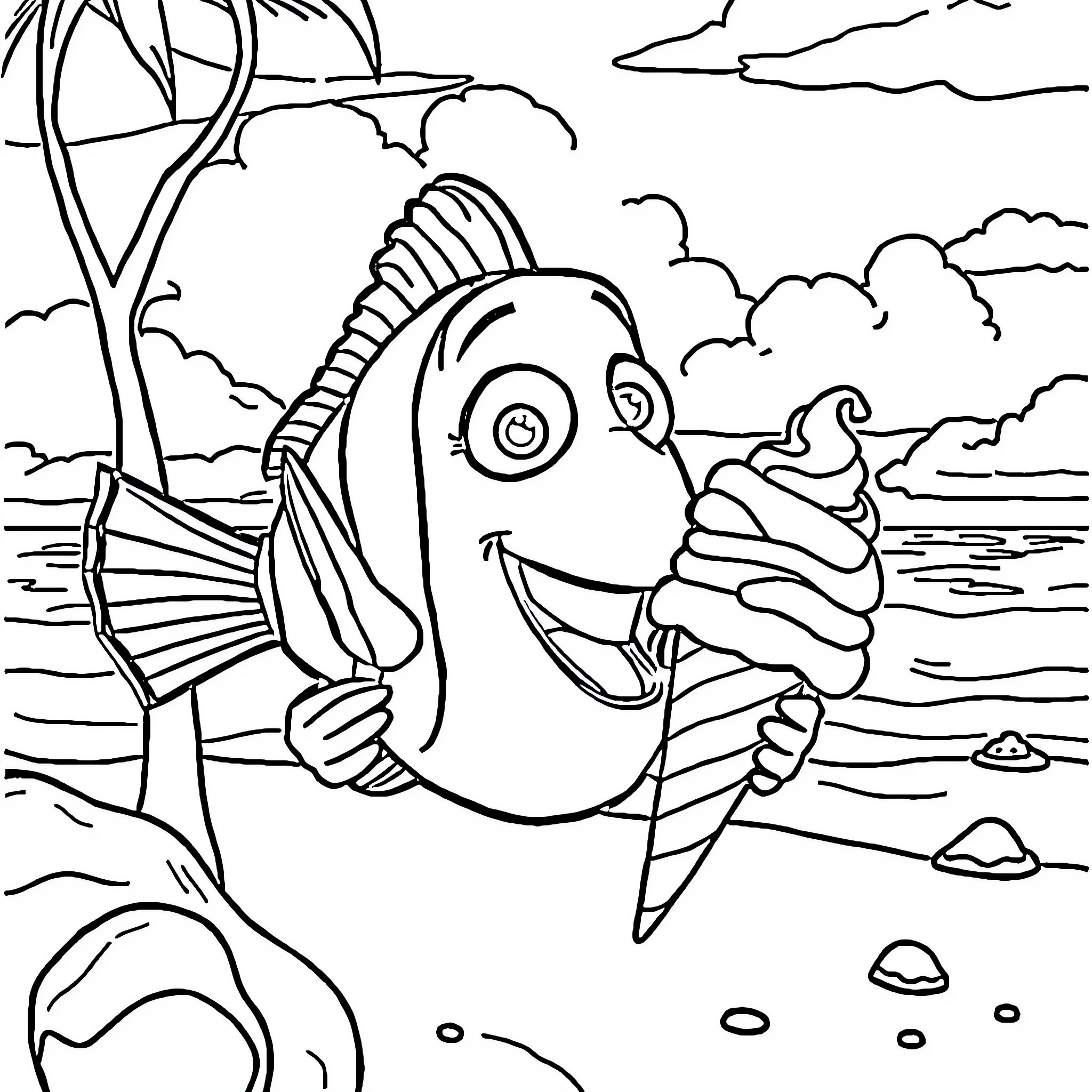Nemo enjoying an ice cream on the beach Coloring Page (free black-and-white line drawing printable PDF for all, from beginners to advanced learners, including children, teens, adults, and seniors)