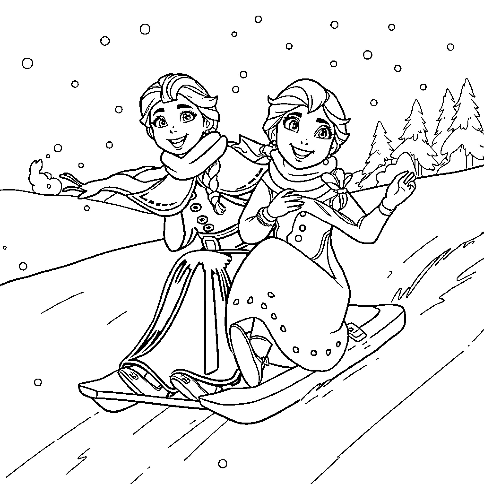 Elsa and Anna sledding joyfully in the snowy landscape Coloring Page (free black-and-white line drawing printable PDF for all, from beginners to advanced learners, including children, teens, adults, and seniors)
