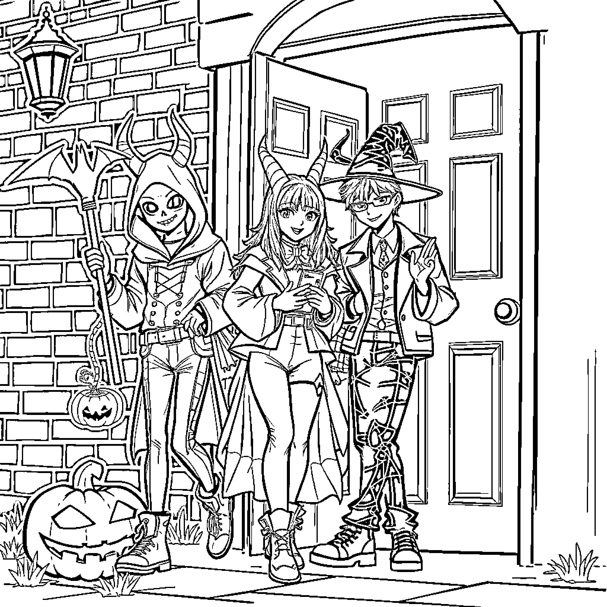 Kpop Demon Hunter Trio in Spooky Halloween Outfits Coloring Page (free black-and-white line drawing printable PDF for all, from beginners to advanced learners, including children, teens, adults, and seniors)