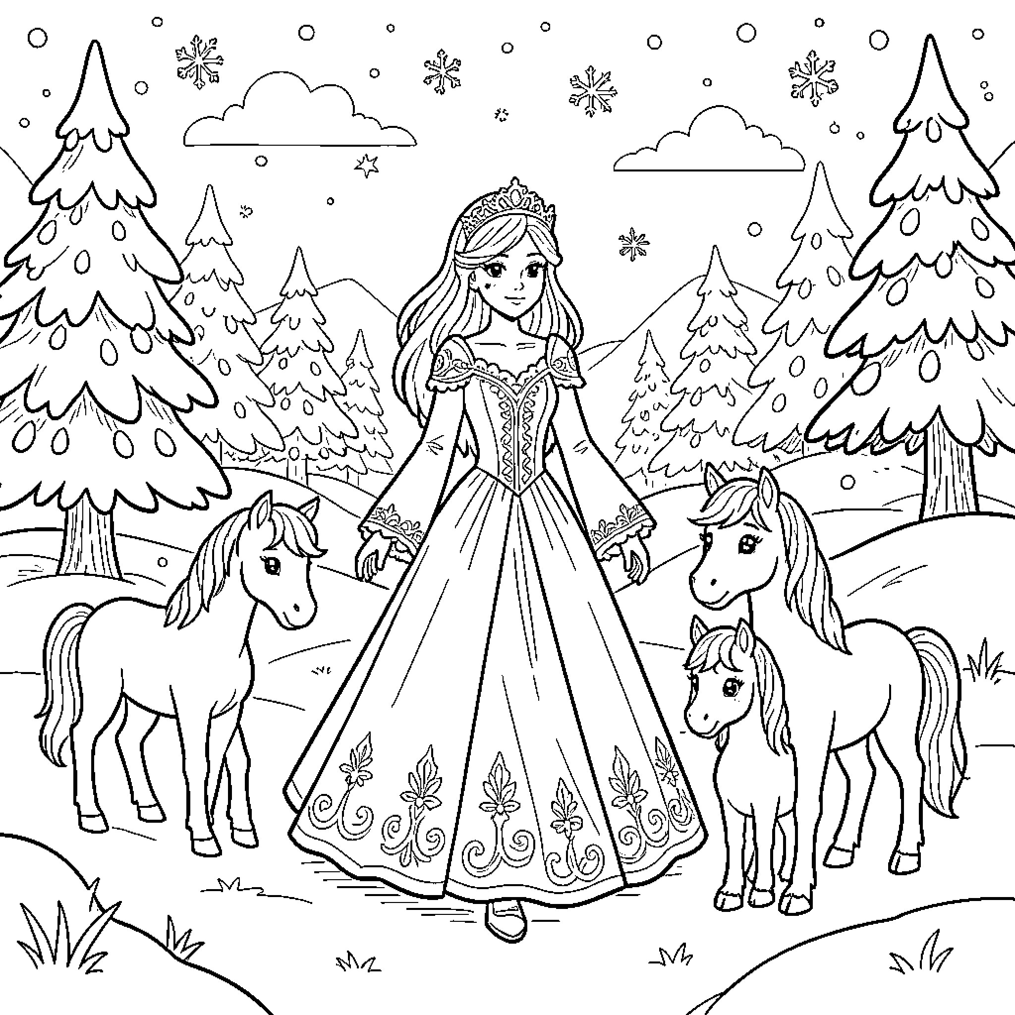 Princess standing gracefully among horses in a winter landscape Coloring Page (free black-and-white line drawing printable PDF for all, from beginners to advanced learners, including children, teens, adults, and seniors)