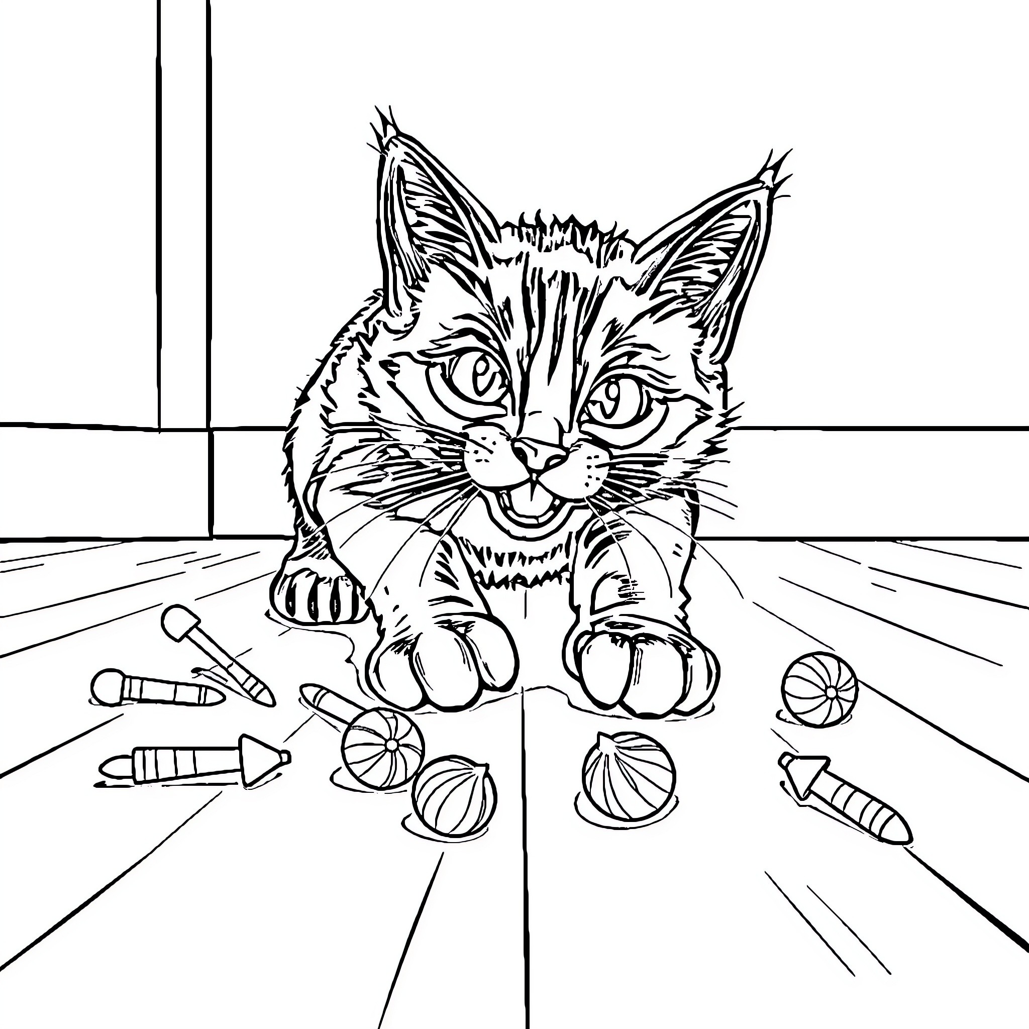 Cat playing with toys in the room Coloring Page (free black-and-white line drawing printable PDF for all, from beginners to advanced learners, including children, teens, adults, and seniors)