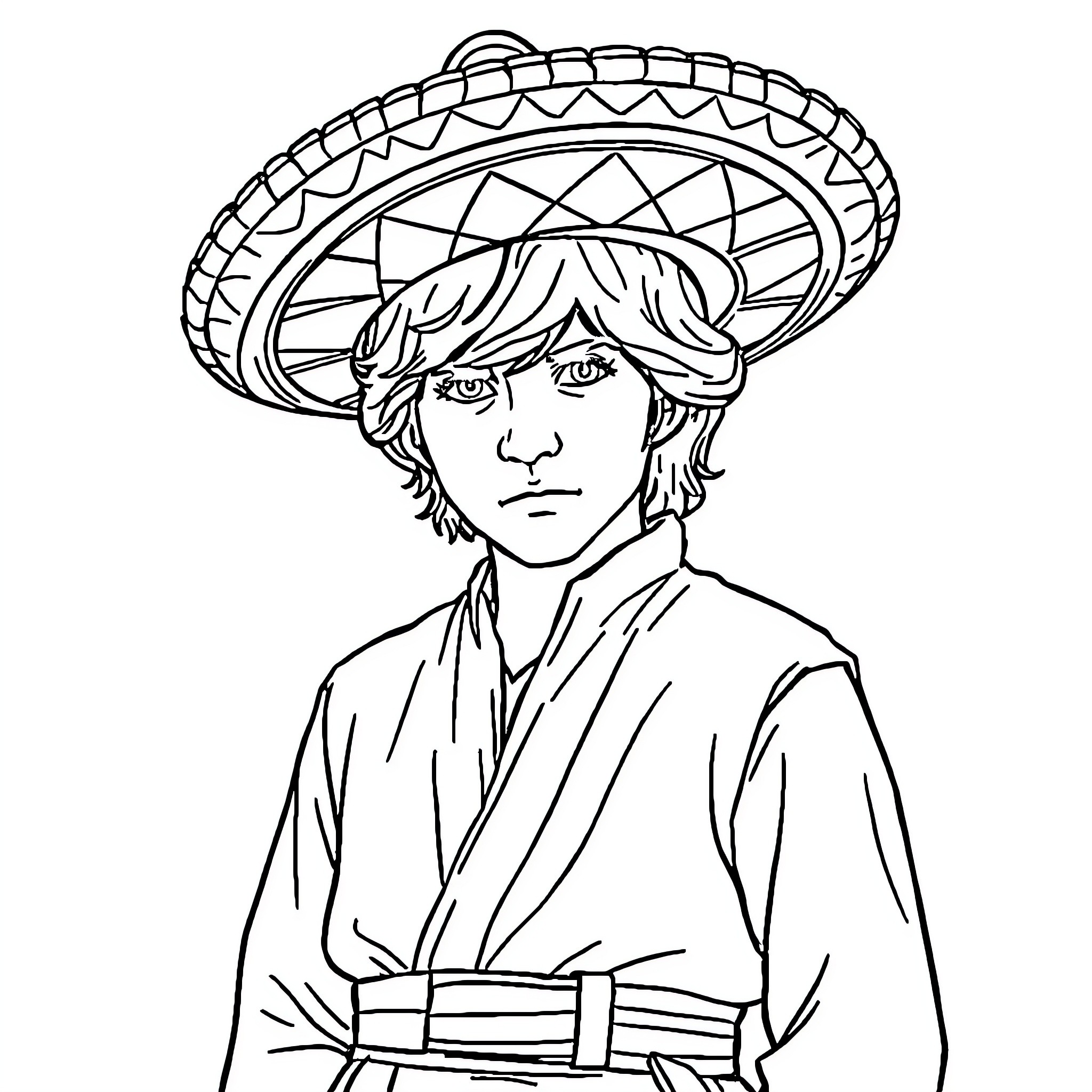 Luke Skywalker in Traditional Mexican Attire Coloring Page (free black-and-white line drawing printable PDF for all, from beginners to advanced learners, including children, teens, adults, and seniors)