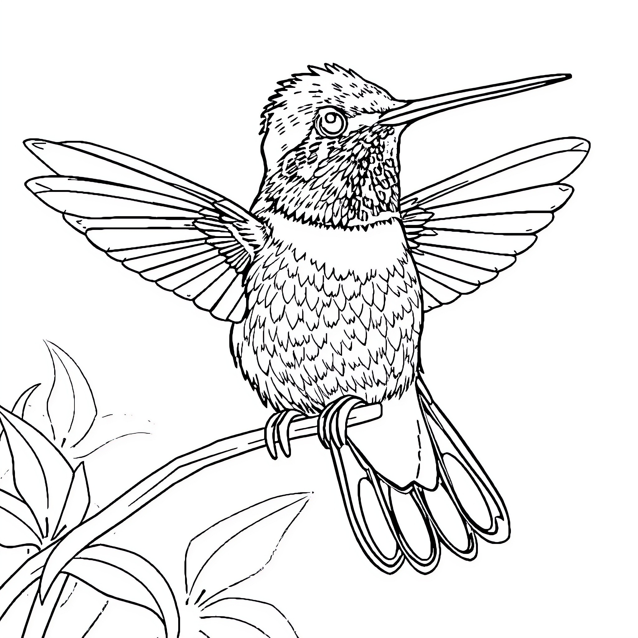Moctezuma's Hummingbird in Vibrant Nature Coloring Page (free black-and-white line drawing printable PDF for all, from beginners to advanced learners, including children, teens, adults, and seniors)