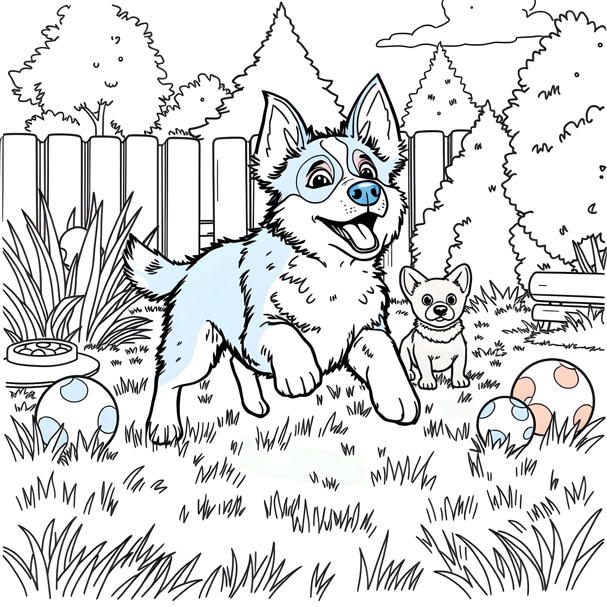 Bluey and Bingo playing in the backyard Coloring Page (free black-and-white line drawing printable PDF for all, from beginners to advanced learners, including children, teens, adults, and seniors)