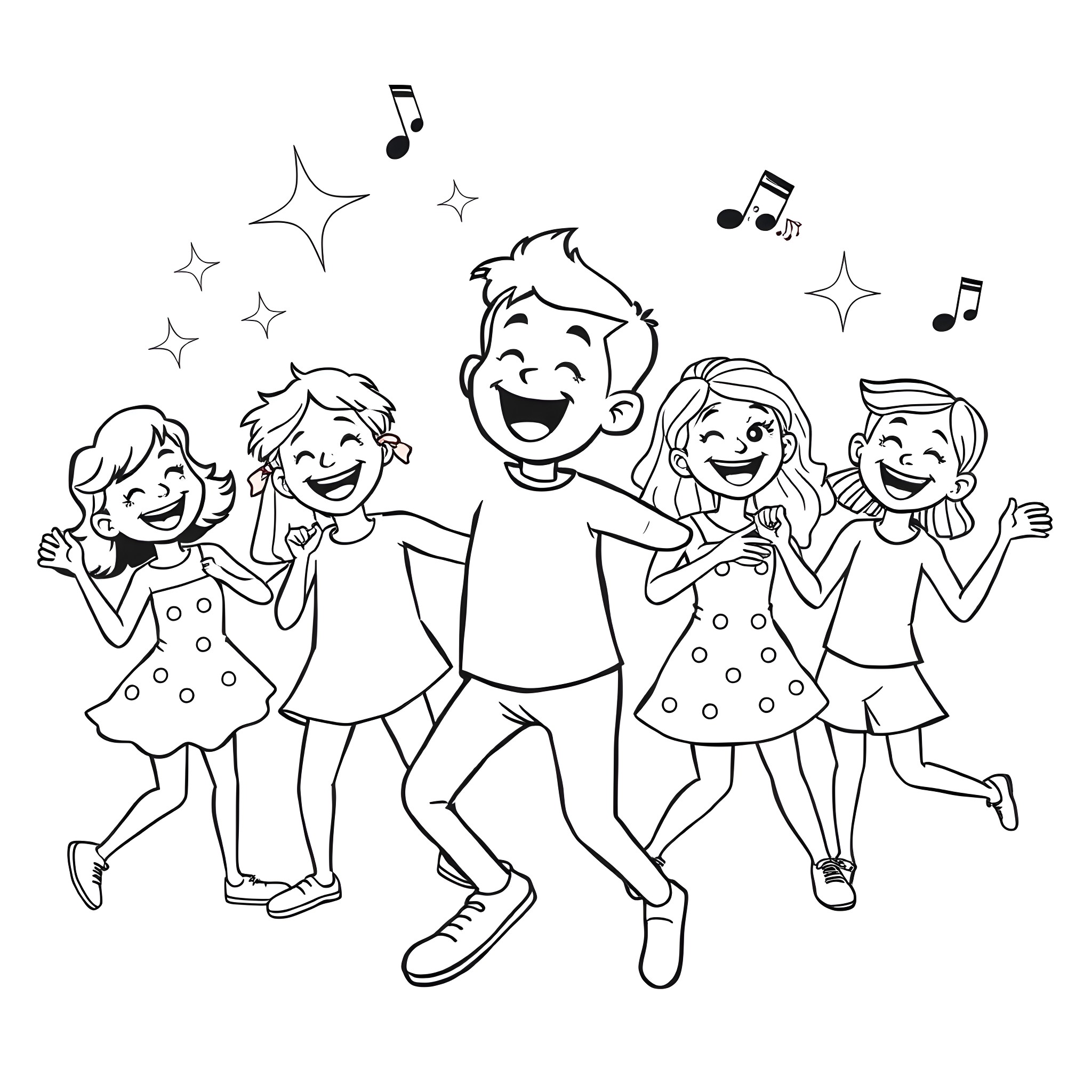 Danny and friends having a joyful dance party Coloring Page (free black-and-white line drawing printable PDF for all, from beginners to advanced learners, including children, teens, adults, and seniors)