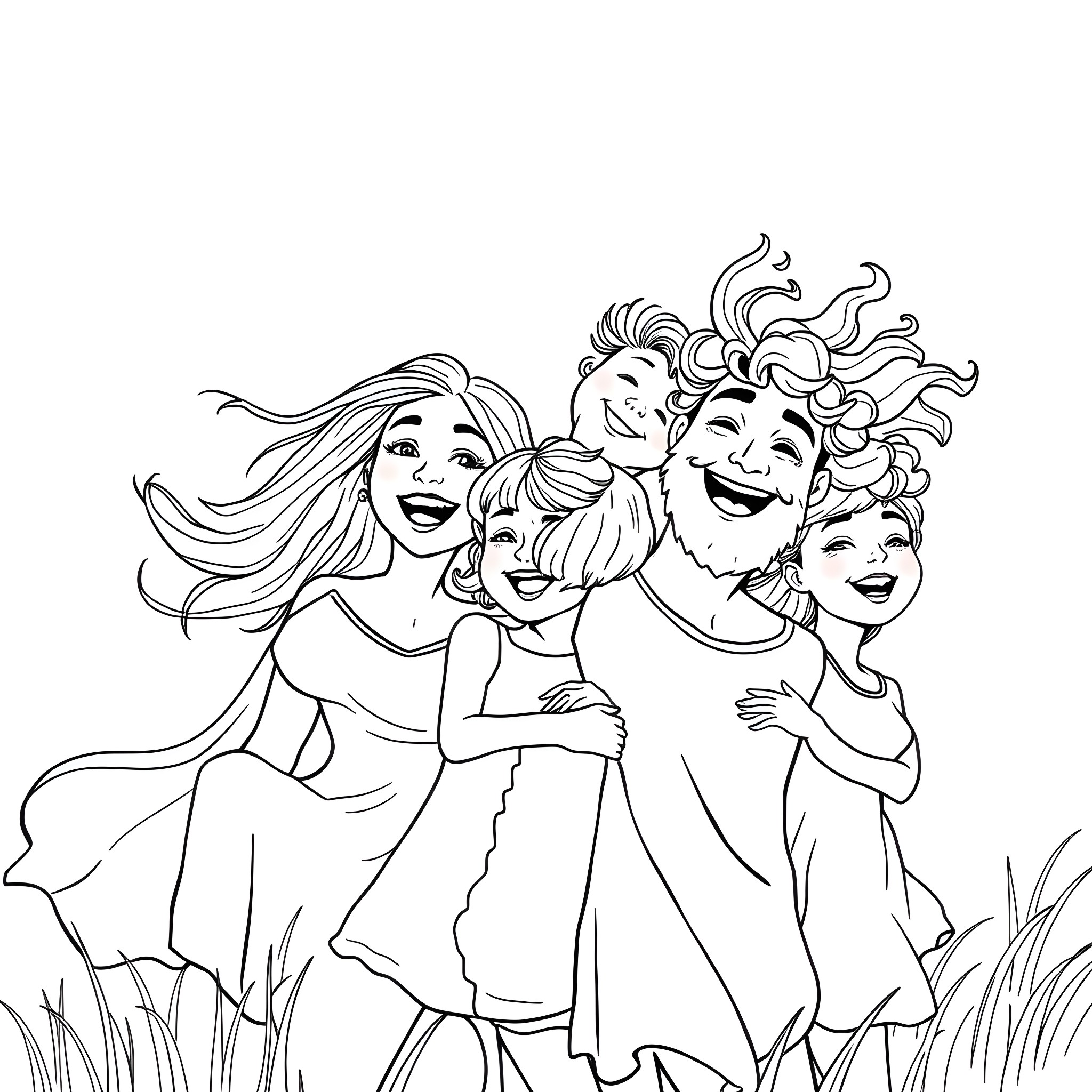 Family enjoying a joyful outdoor moment Coloring Page (free black-and-white line drawing printable PDF for all, from beginners to advanced learners, including children, teens, adults, and seniors)