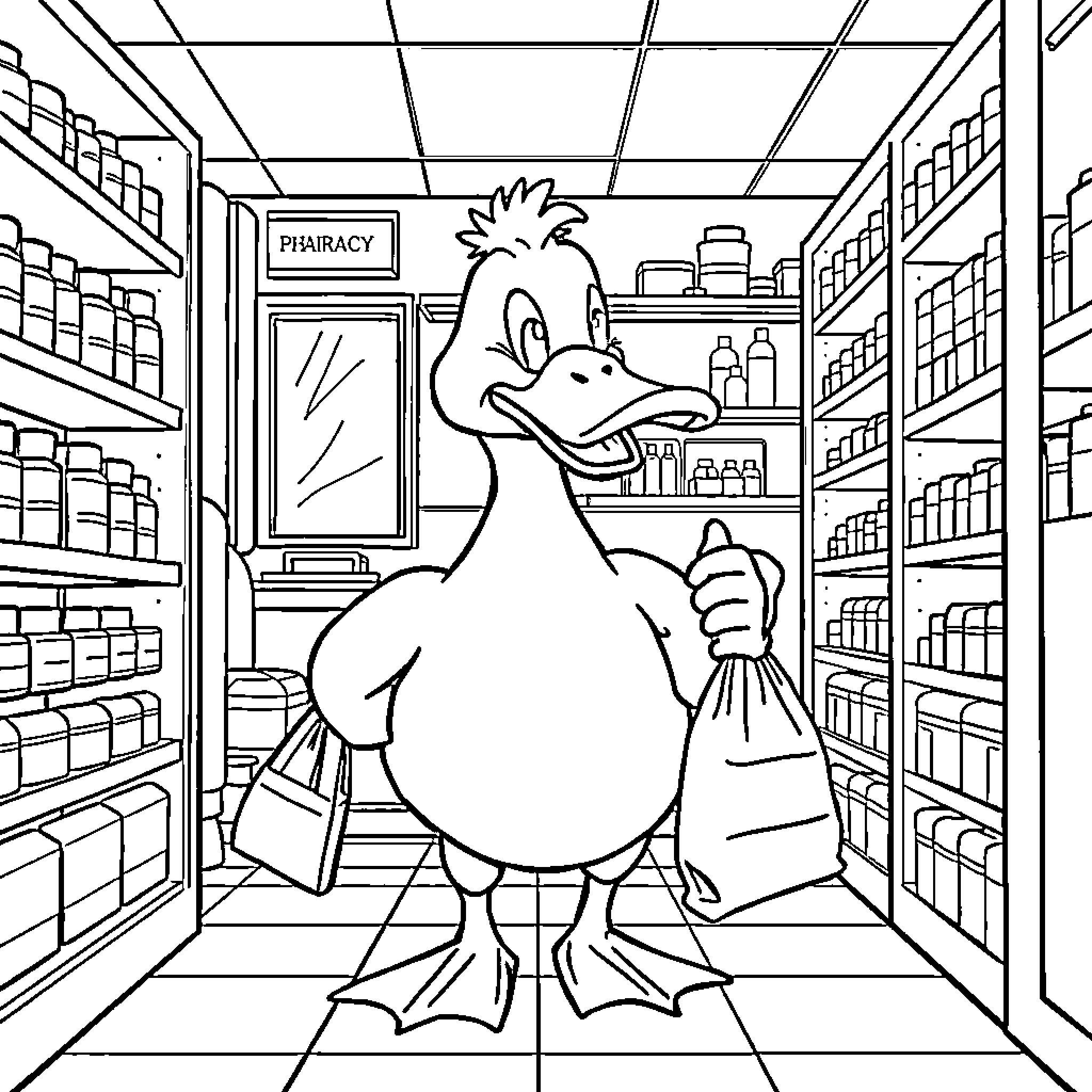 Psyduck shopping in a pharmacy Coloring Page (free black-and-white line drawing printable PDF for all, from beginners to advanced learners, including children, teens, adults, and seniors)