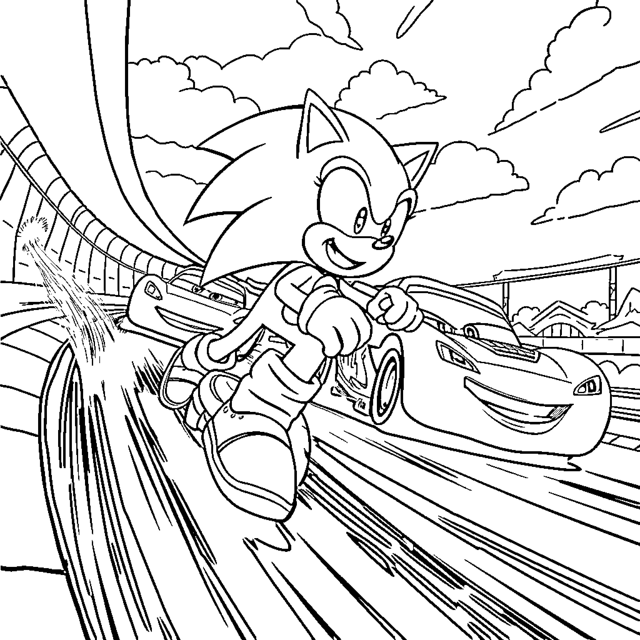 Sonic's Speedy Adventure on the Tracks Coloring Page (free black-and-white line drawing printable PDF for all, from beginners to advanced learners, including children, teens, adults, and seniors)