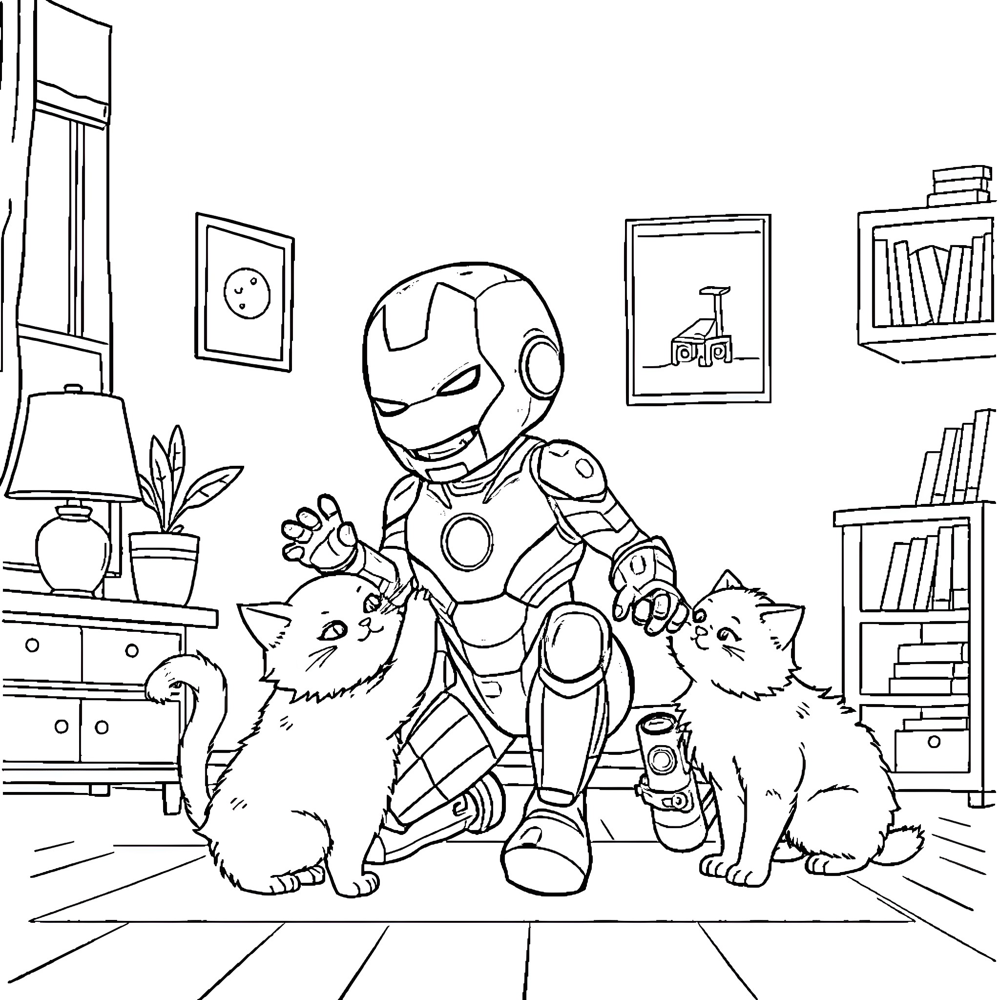 Iron Man playing with cats in a cozy home setting Coloring Page (free black-and-white line drawing printable PDF for all, from beginners to advanced learners, including children, teens, adults, and seniors)