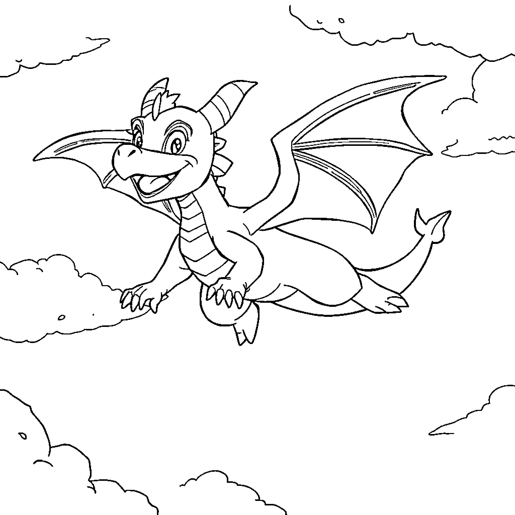 Spyro the dragon soaring through the clouds Coloring Page (free black-and-white line drawing printable PDF for all, from beginners to advanced learners, including children, teens, adults, and seniors)