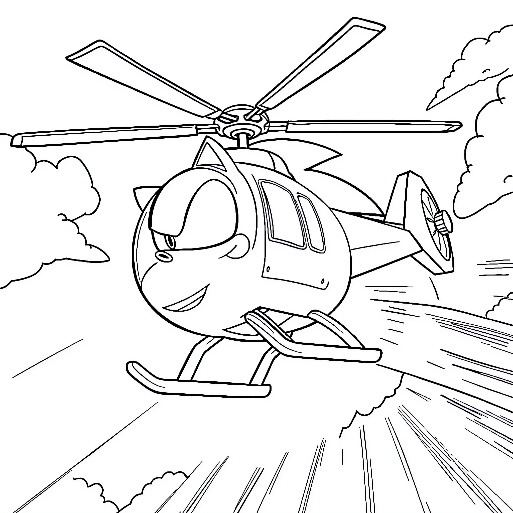 Helicopter soaring swiftly through the clouds Coloring Page (free black-and-white line drawing printable PDF for all, from beginners to advanced learners, including children, teens, adults, and seniors)