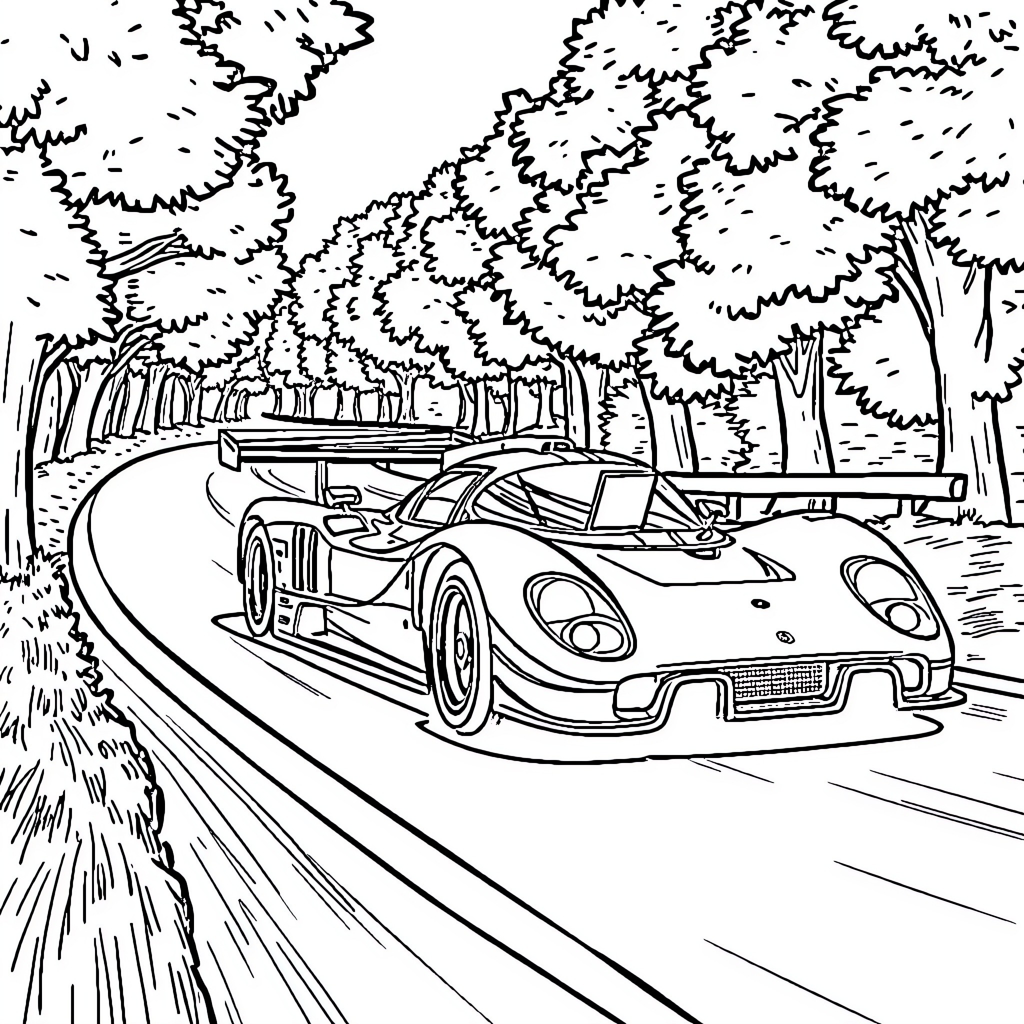 Racecar speeding through winding forest path Coloring Page (free black-and-white line drawing printable PDF for all, from beginners to advanced learners, including children, teens, adults, and seniors)