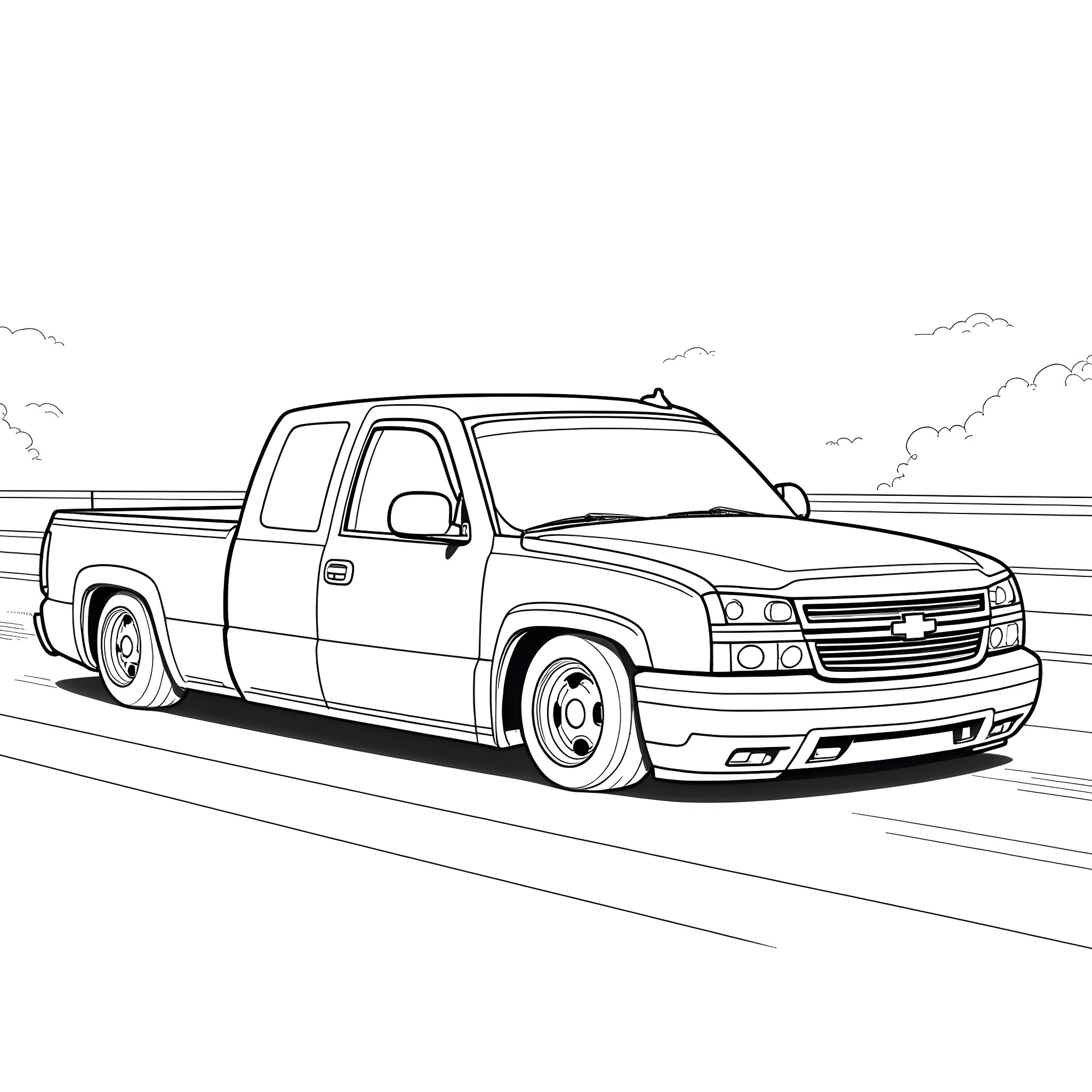 Silverado pickup truck on the road Coloring Page (free black-and-white line drawing printable PDF for all, from beginners to advanced learners, including children, teens, adults, and seniors)