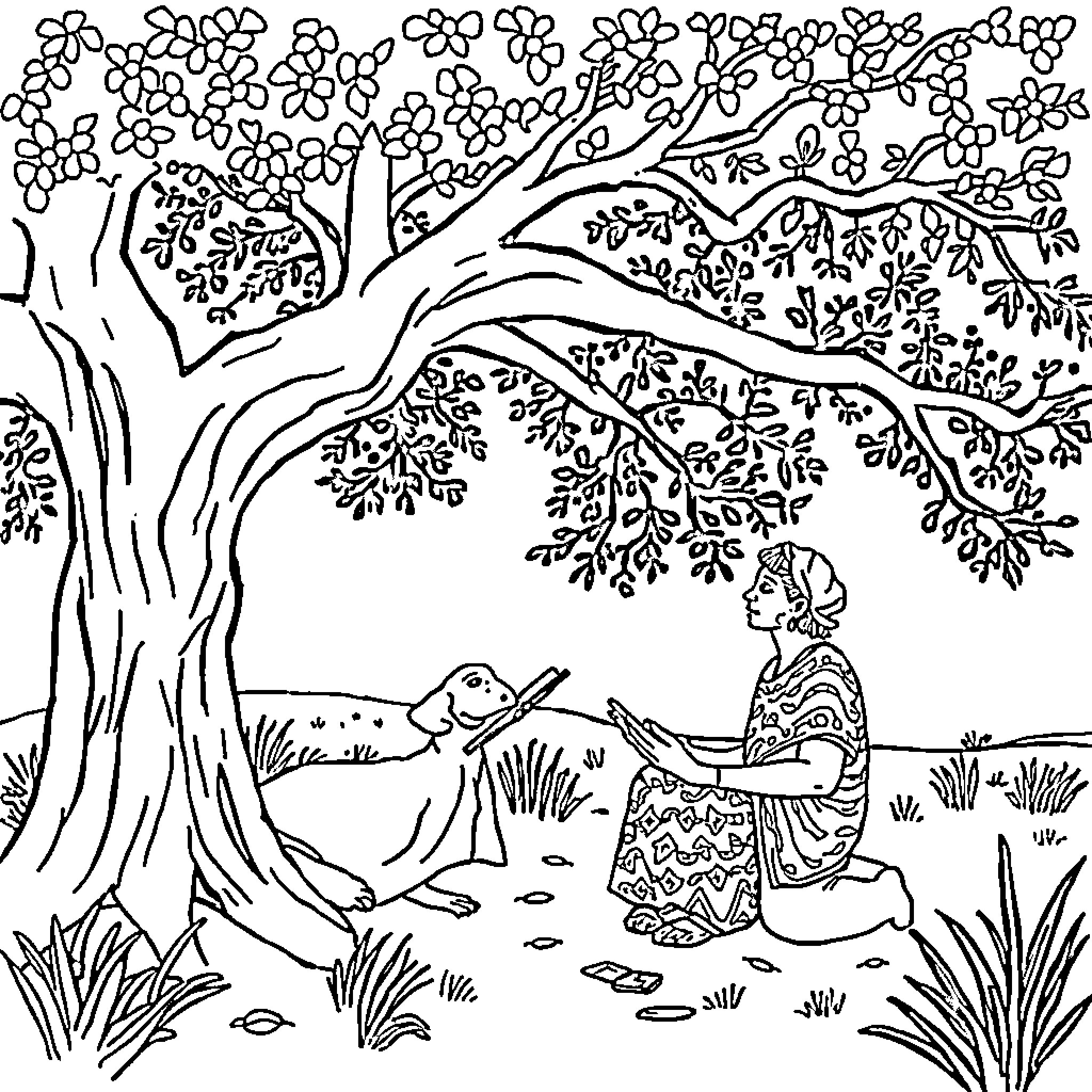 Teacher reading book to student under tree Coloring Page (free black-and-white line drawing printable PDF for all, from beginners to advanced learners, including children, teens, adults, and seniors)