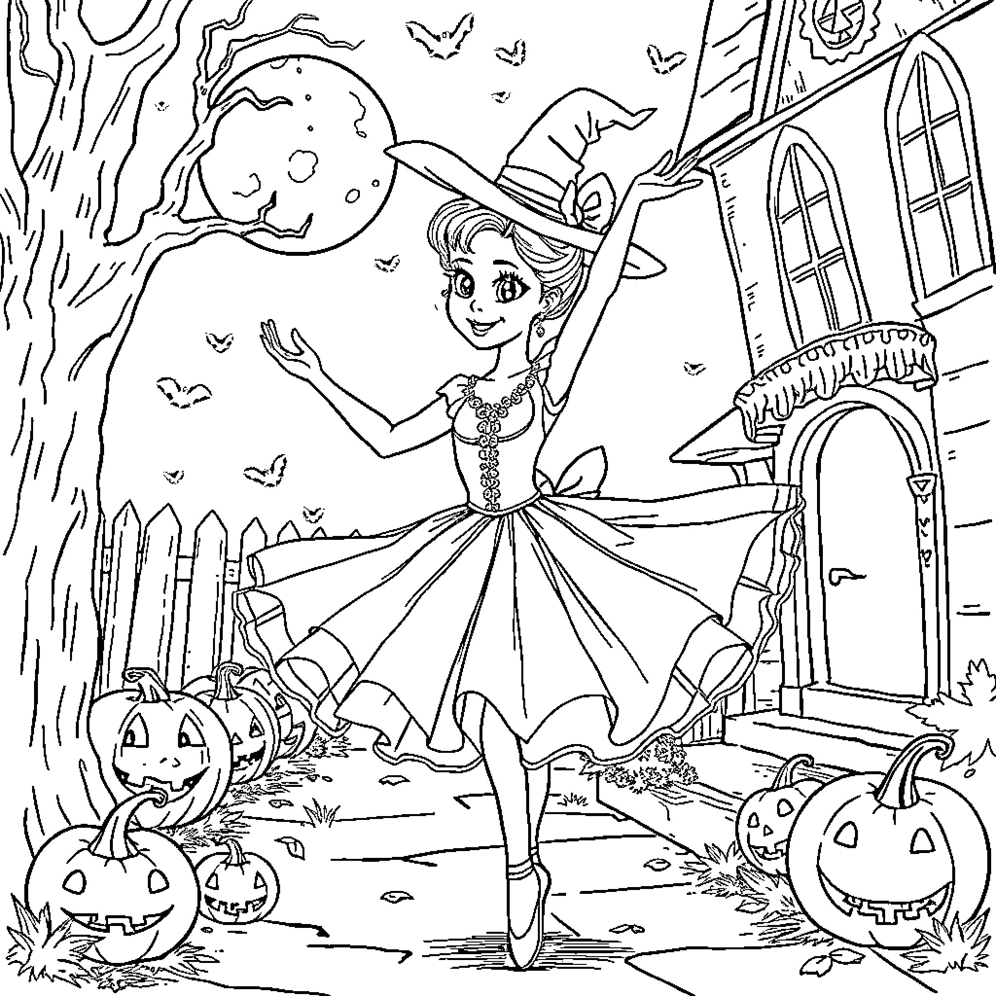 Ballerina dancing gracefully in a Halloween scene Coloring Page (free black-and-white line drawing printable PDF for all, from beginners to advanced learners, including children, teens, adults, and seniors)