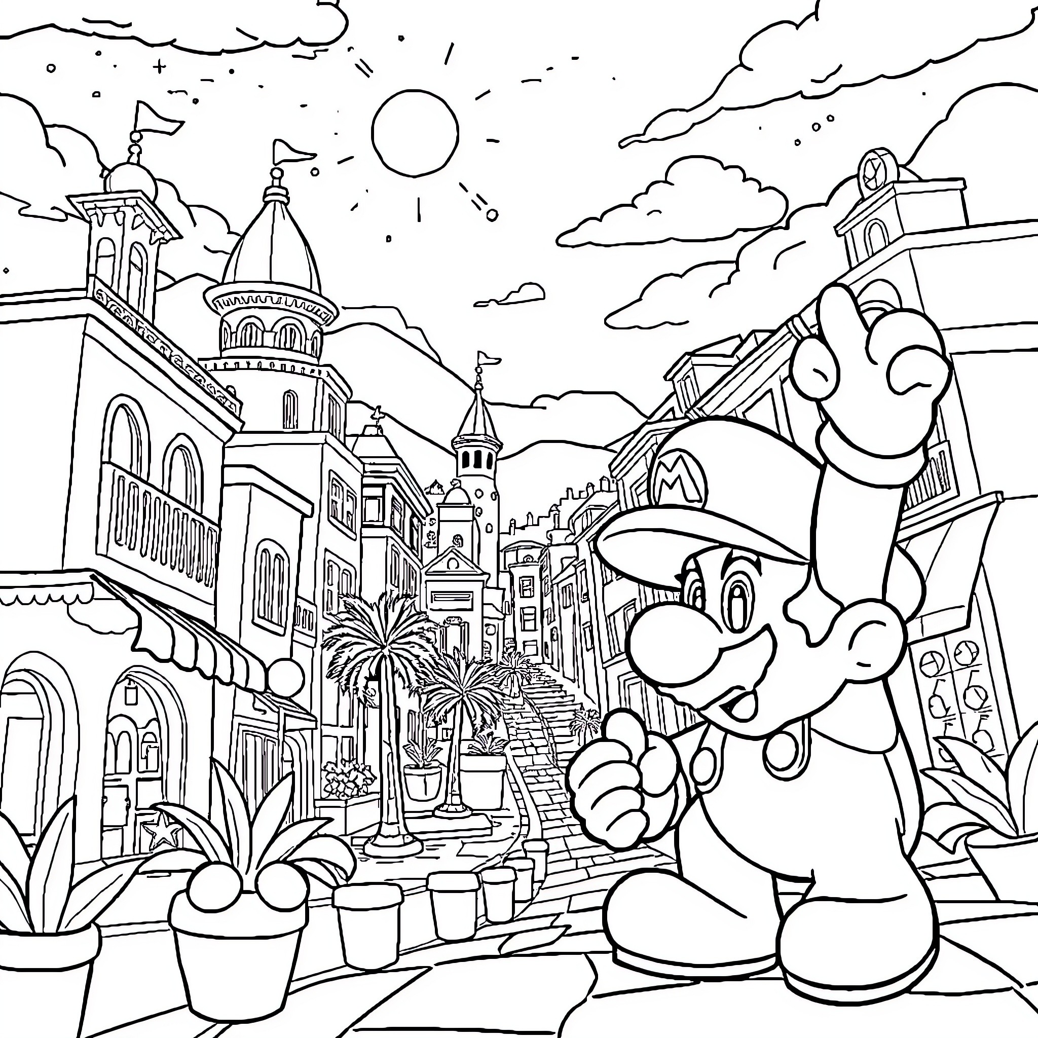 Mario's Magical Adventure in a Whimsical Cityscape Coloring Page (free black-and-white line drawing printable PDF for all, from beginners to advanced learners, including children, teens, adults, and seniors)