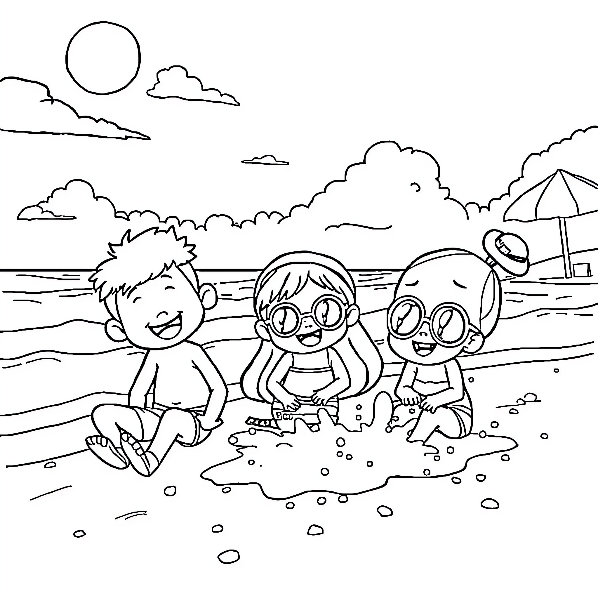 Wakfu characters enjoying a day at the beach Coloring Page (free black-and-white line drawing printable PDF for all, from beginners to advanced learners, including children, teens, adults, and seniors)