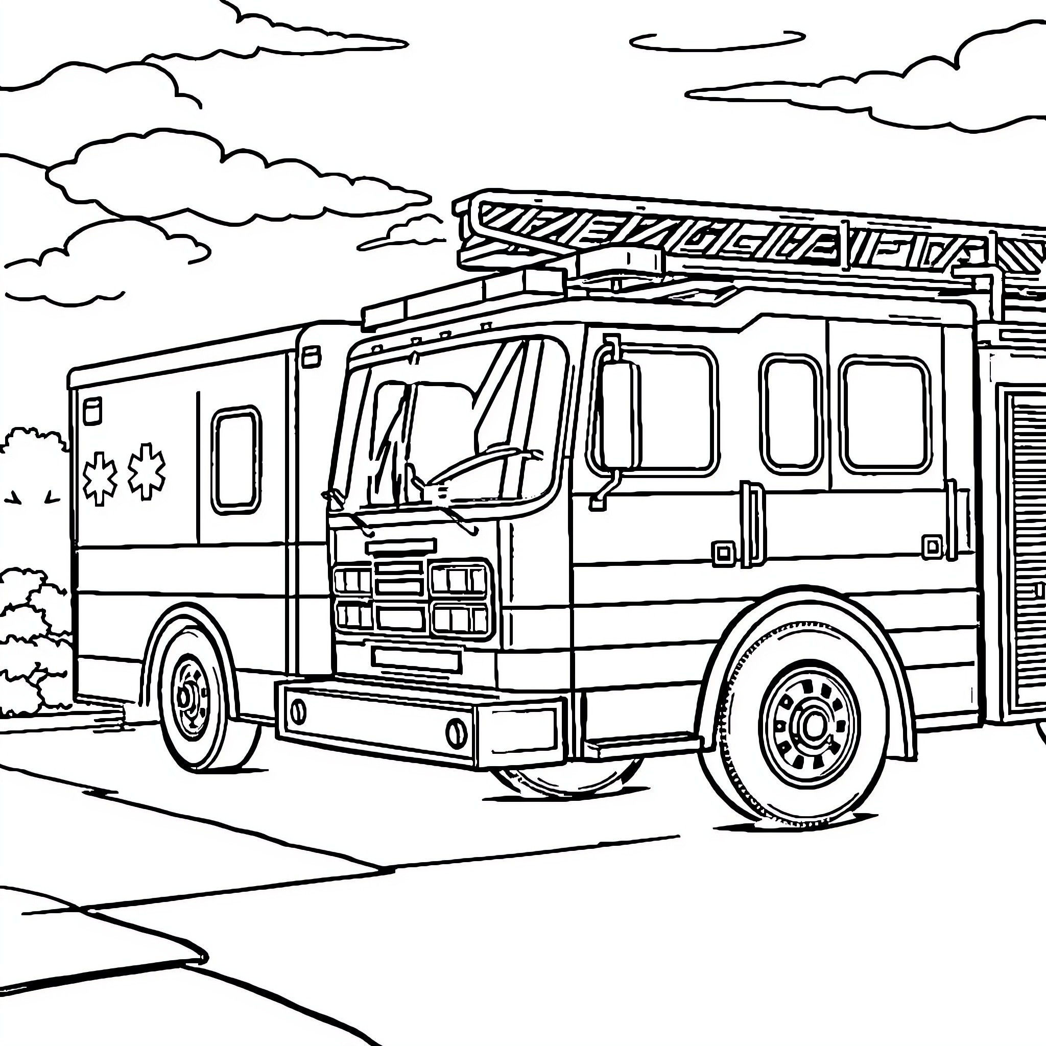 Firetruck responding to an emergency call Coloring Page (free black-and-white line drawing printable PDF for all, from beginners to advanced learners, including children, teens, adults, and seniors)
