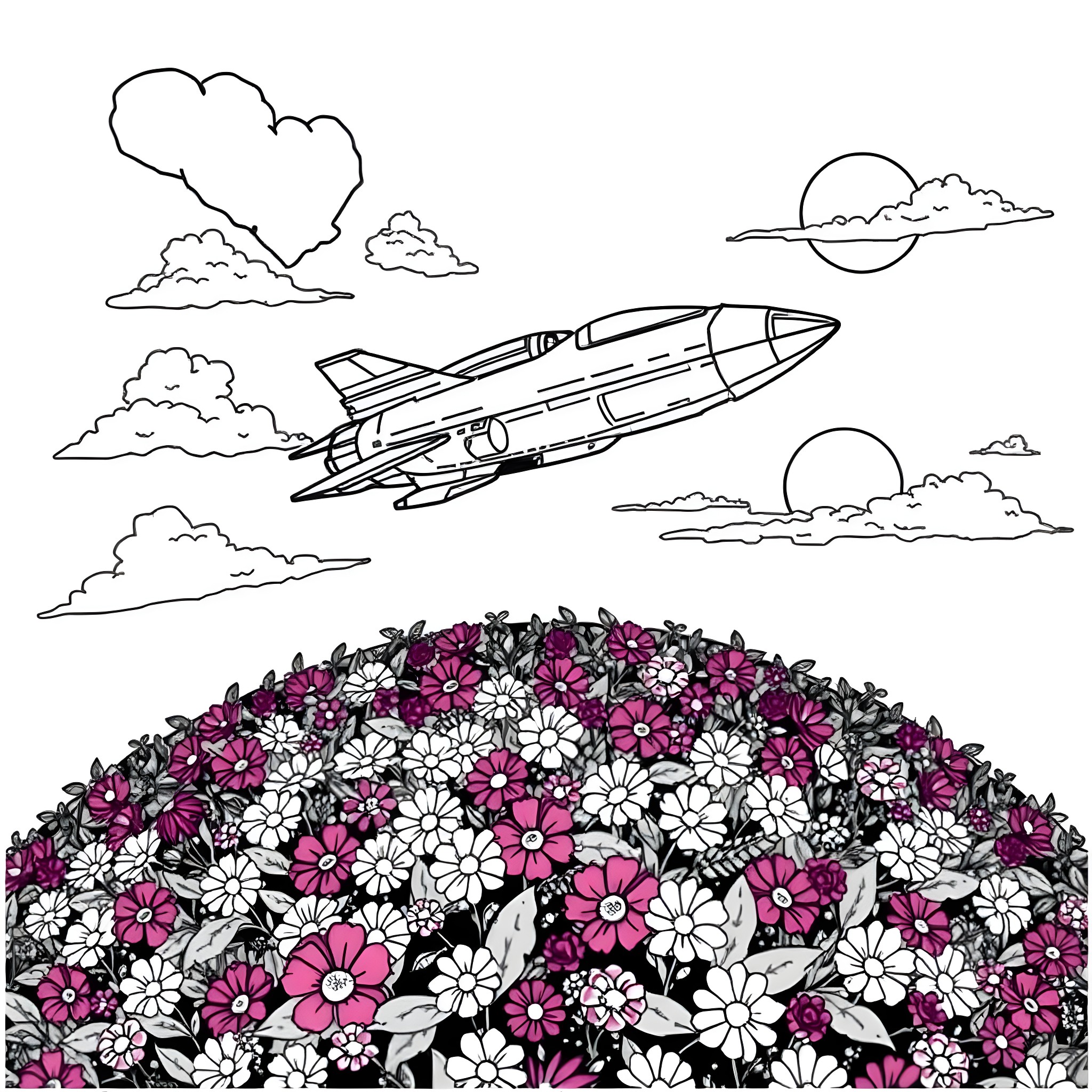 Spaceship soaring through the cloudy skies Coloring Page (free black-and-white line drawing printable PDF for all, from beginners to advanced learners, including children, teens, adults, and seniors)