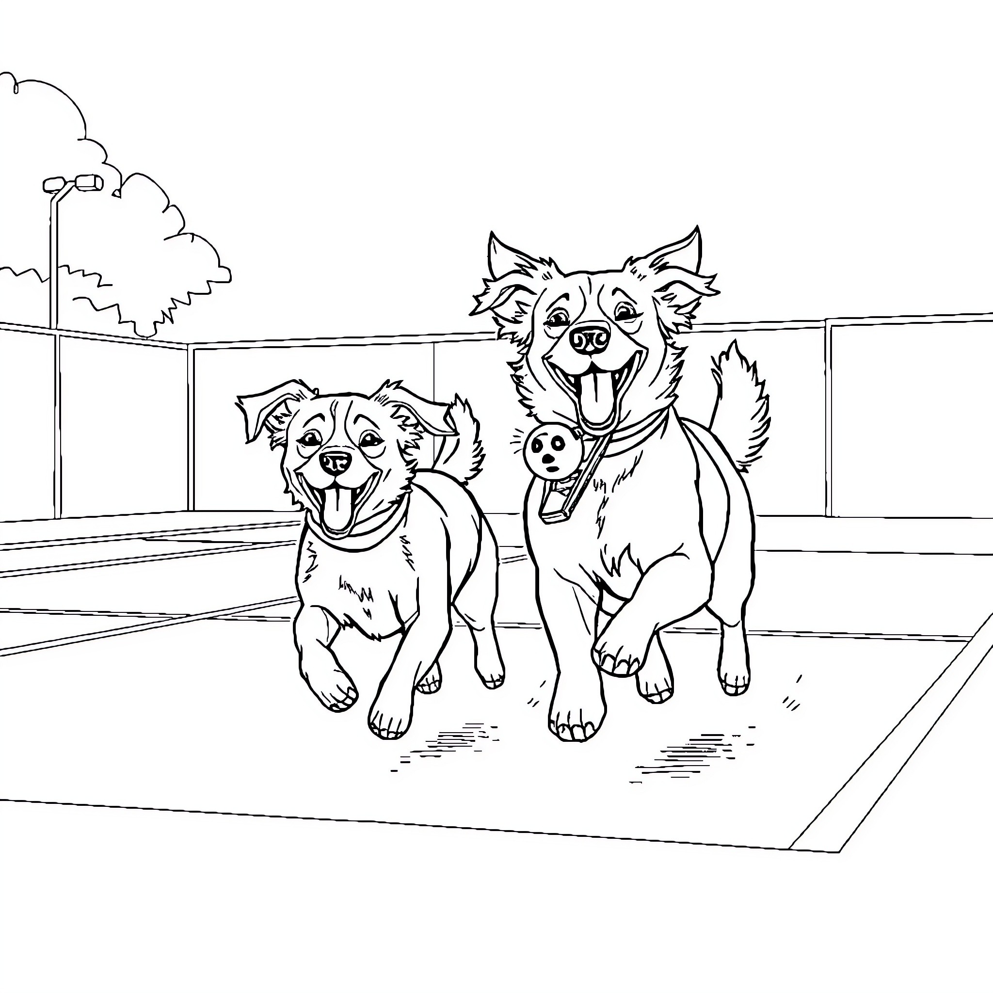 Dog friends playing joyfully at the park Coloring Page (free black-and-white line drawing printable PDF for all, from beginners to advanced learners, including children, teens, adults, and seniors)