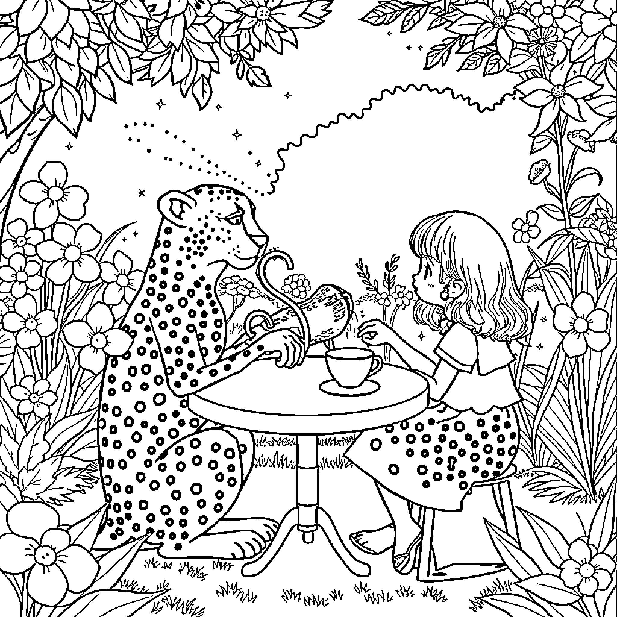 Cheetah sharing tea with a girl in a floral garden Coloring Page (free black-and-white line drawing printable PDF for all, from beginners to advanced learners, including children, teens, adults, and seniors)