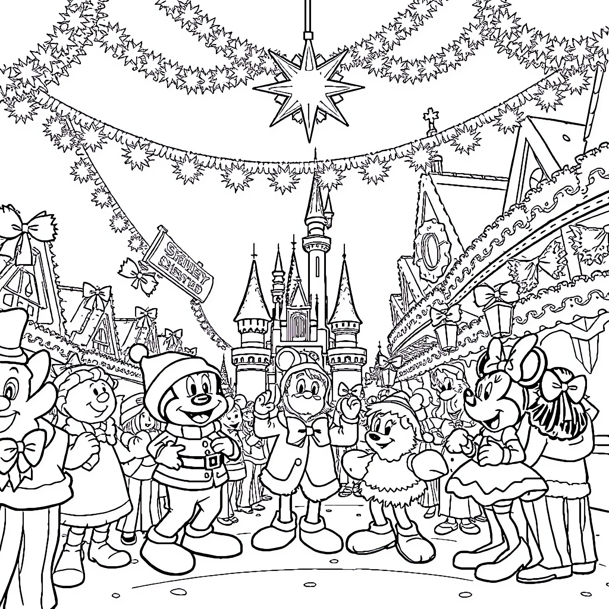 Disneyland Festive Celebration with Characters Coloring Page (free black-and-white line drawing printable PDF for all, from beginners to advanced learners, including children, teens, adults, and seniors)