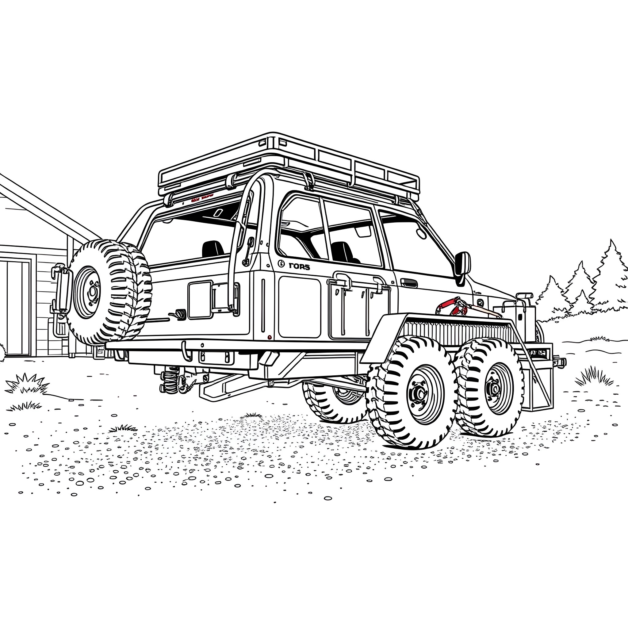 Car Trailer with Rugged Off-Road Vehicle Coloring Page (free black-and-white line drawing printable PDF for all, from beginners to advanced learners, including children, teens, adults, and seniors)