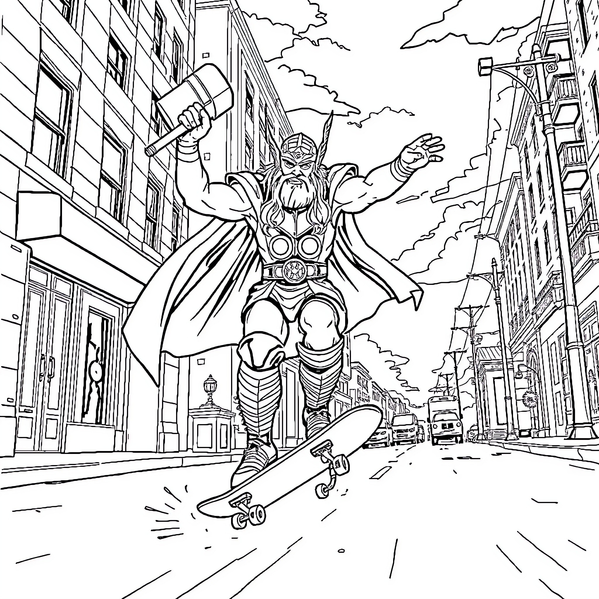 Thor's Mighty Heroic Skateboard Adventure Coloring Page (free black-and-white line drawing printable PDF for all, from beginners to advanced learners, including children, teens, adults, and seniors)
