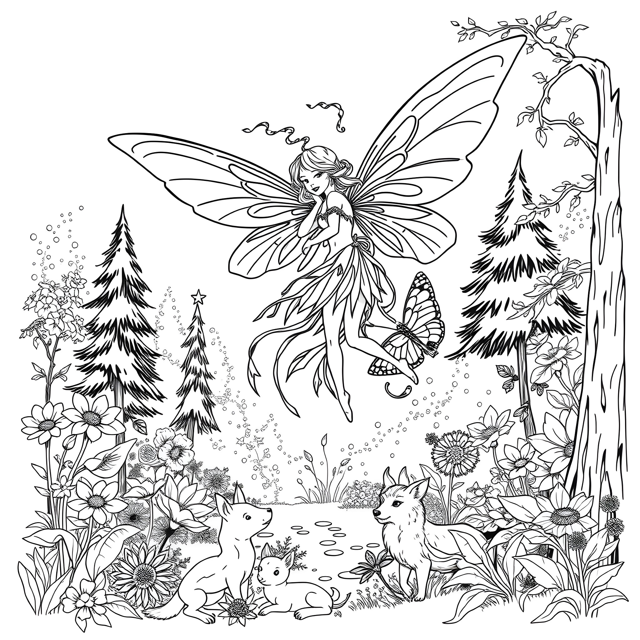 Fairy dancing elegantly in a magical forest Coloring Page (free black-and-white line drawing printable PDF for all, from beginners to advanced learners, including children, teens, adults, and seniors)