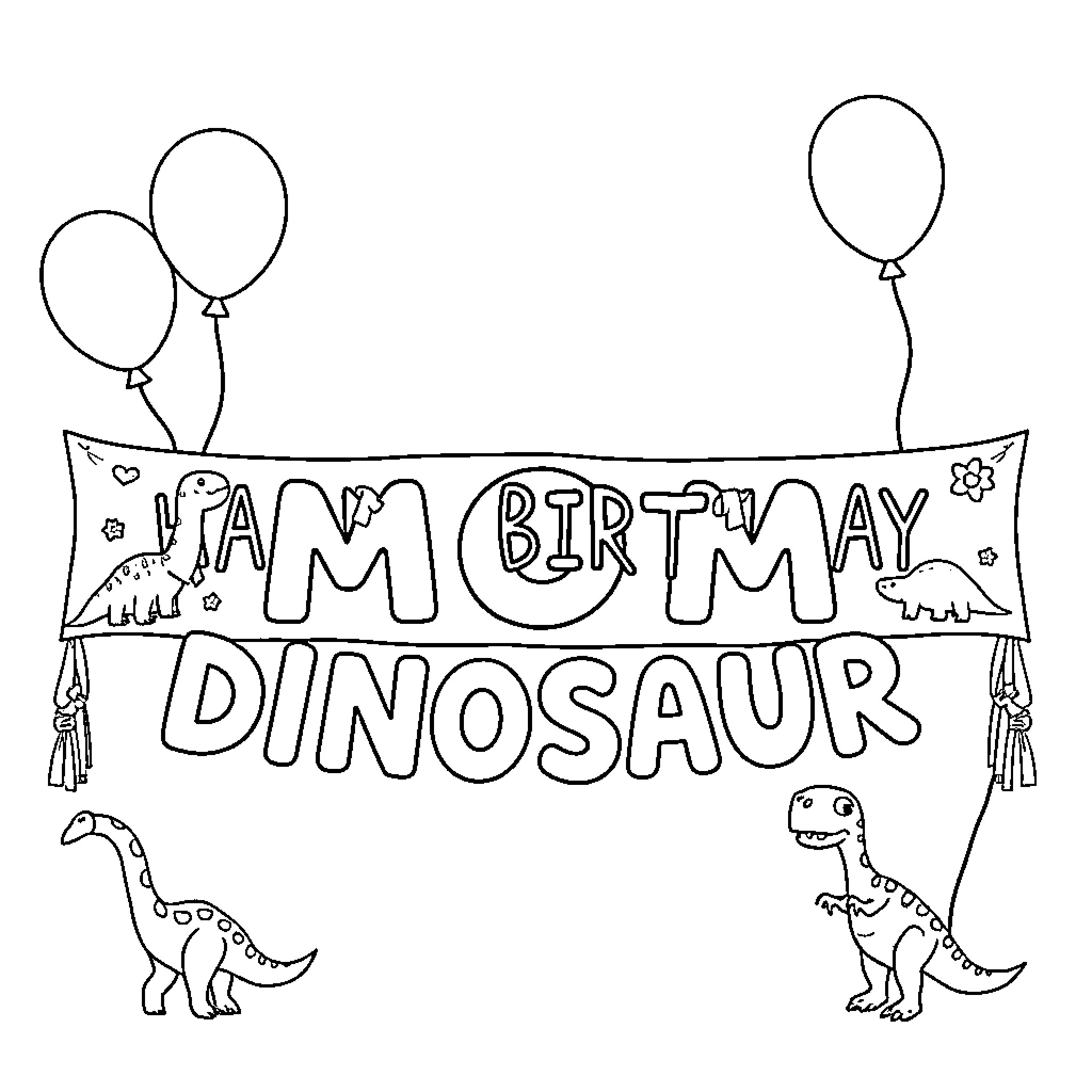 Dinosaur birthday celebration with balloons Coloring Page (free black-and-white line drawing printable PDF for all, from beginners to advanced learners, including children, teens, adults, and seniors)