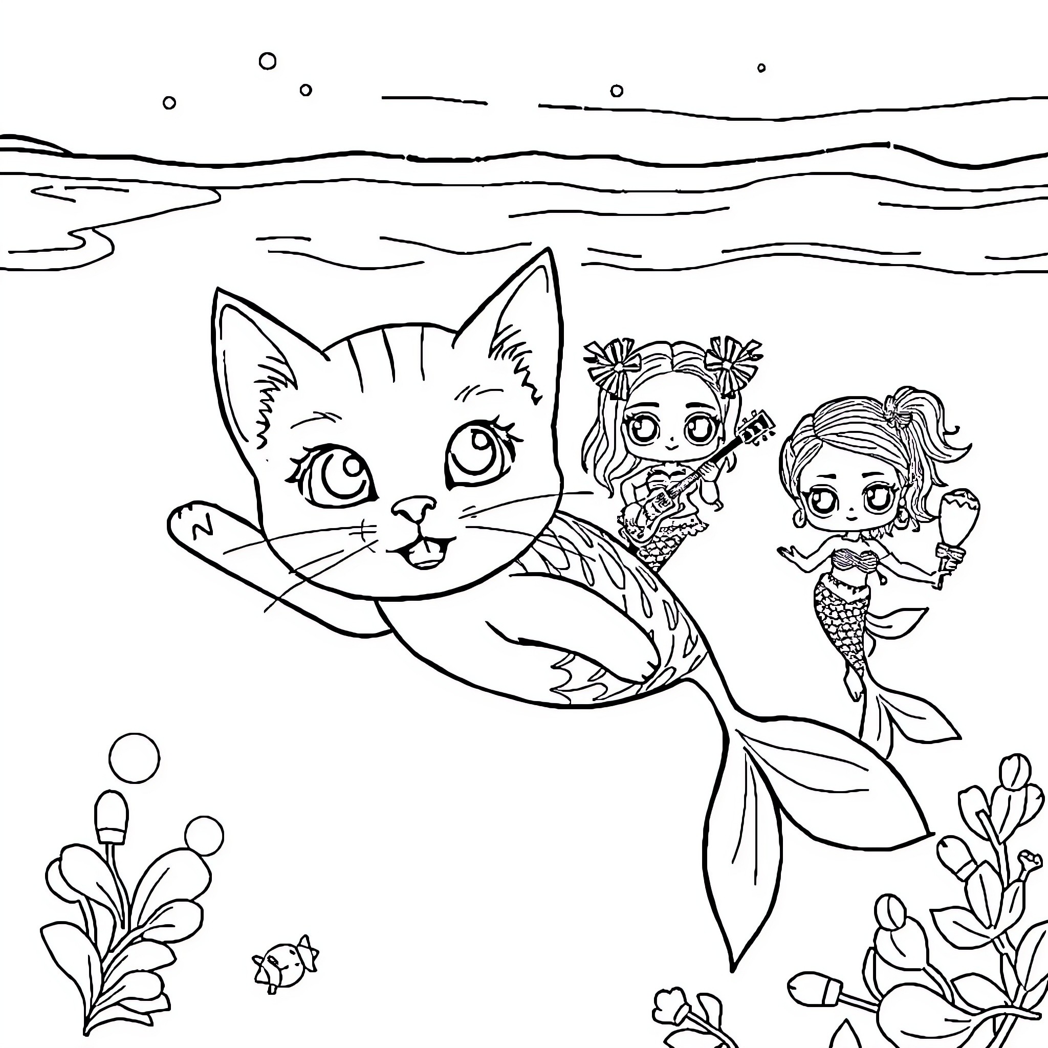 Mercat and Mermaid Friends Explore the Ocean Coloring Page (free black-and-white line drawing printable PDF for all, from beginners to advanced learners, including children, teens, adults, and seniors)