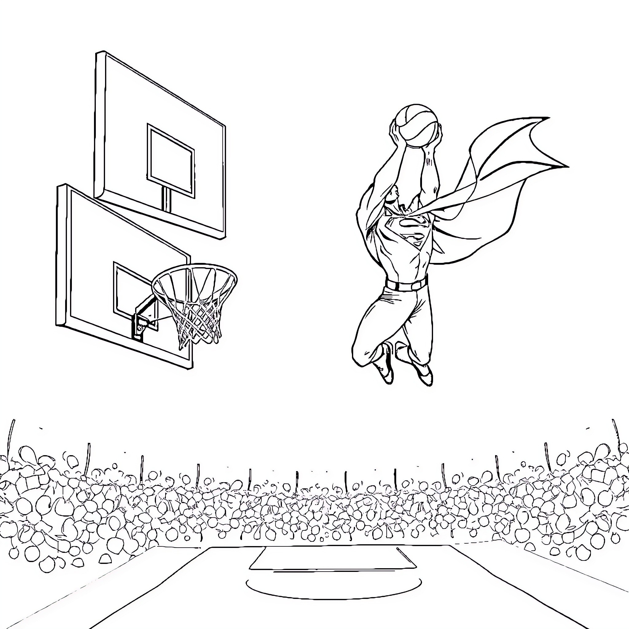 Superman dunking basketball through hoop in sports arena Coloring Page (free black-and-white line drawing printable PDF for all, from beginners to advanced learners, including children, teens, adults, and seniors)